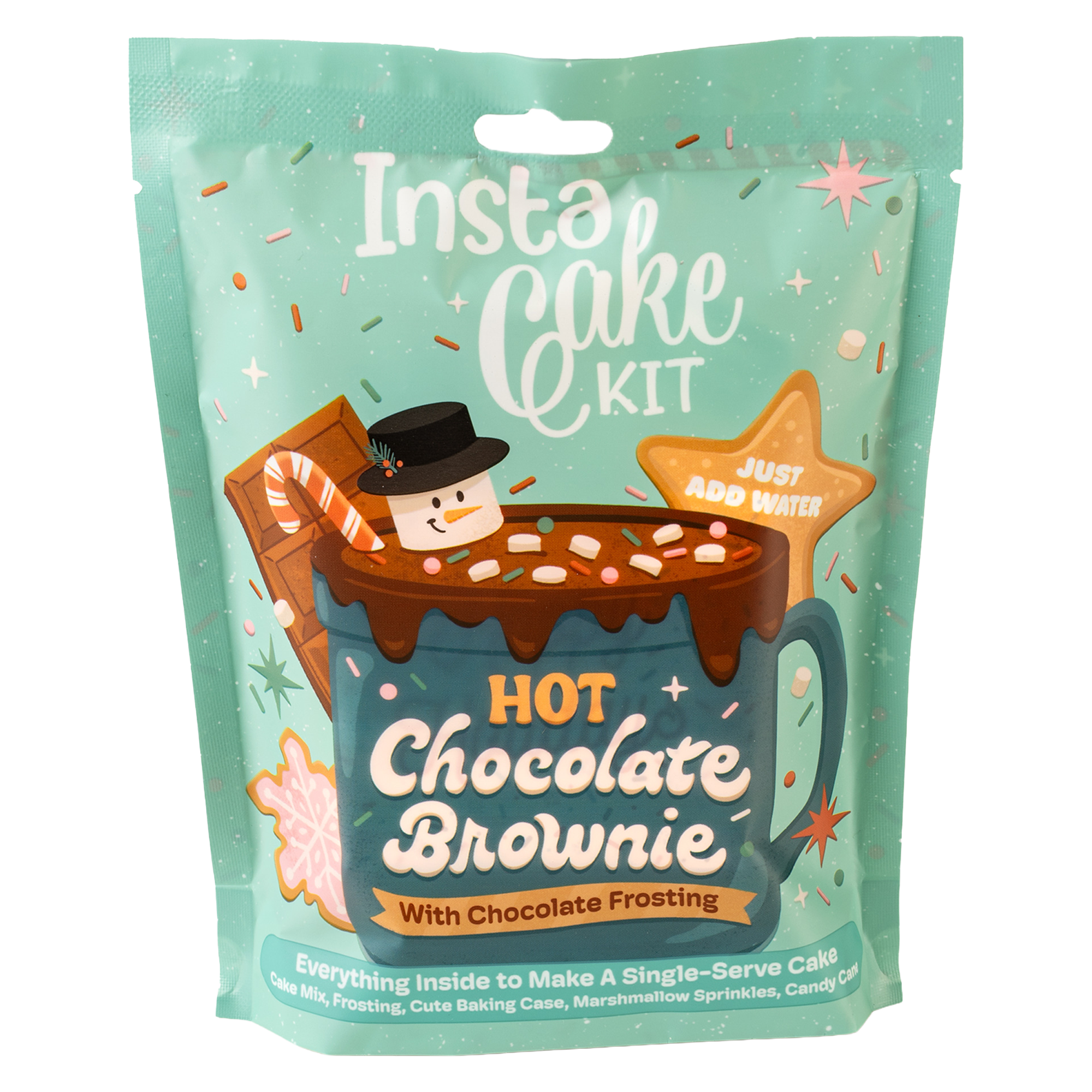 All-in-one celebration kit with a pop-up baking case, cake mix, frosting, sprinkles, candle, spoon, and water measure—just add water and microwave. 5