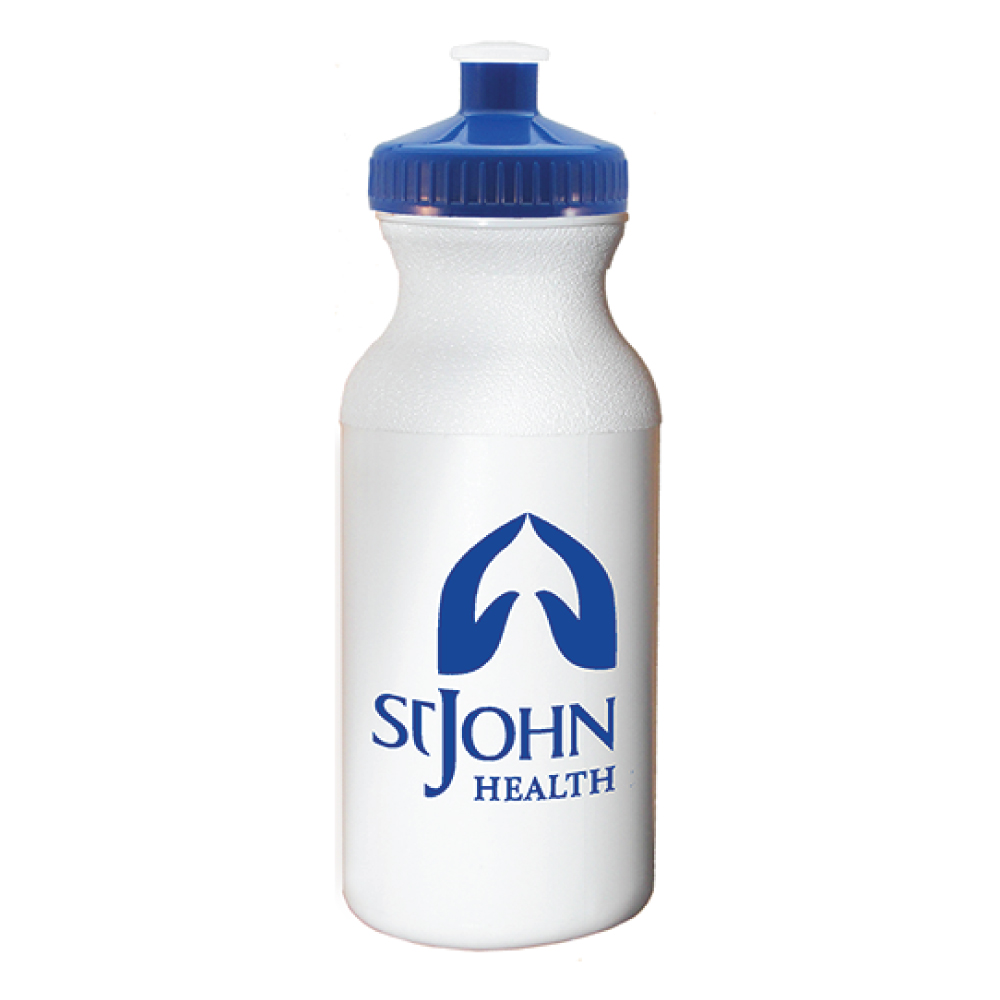 20 oz Economy White Bike Bottle with Blue 53mm Push Pull Lid