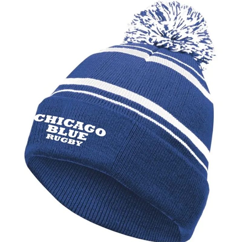 Striped Knit Beanie With Cuff and Pom-Pom 2