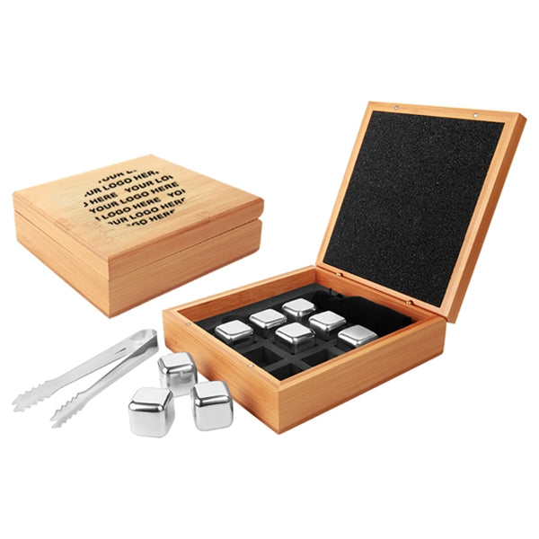 Stainless Steel Whiskey Stone Set In Bamboo Case