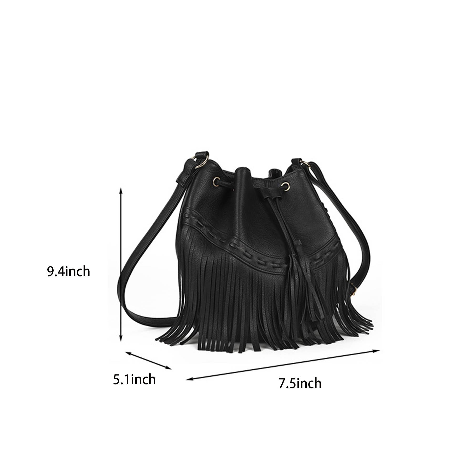PU leather Drawstring Purse Tassel Crossbody Shoulder Bag 3
