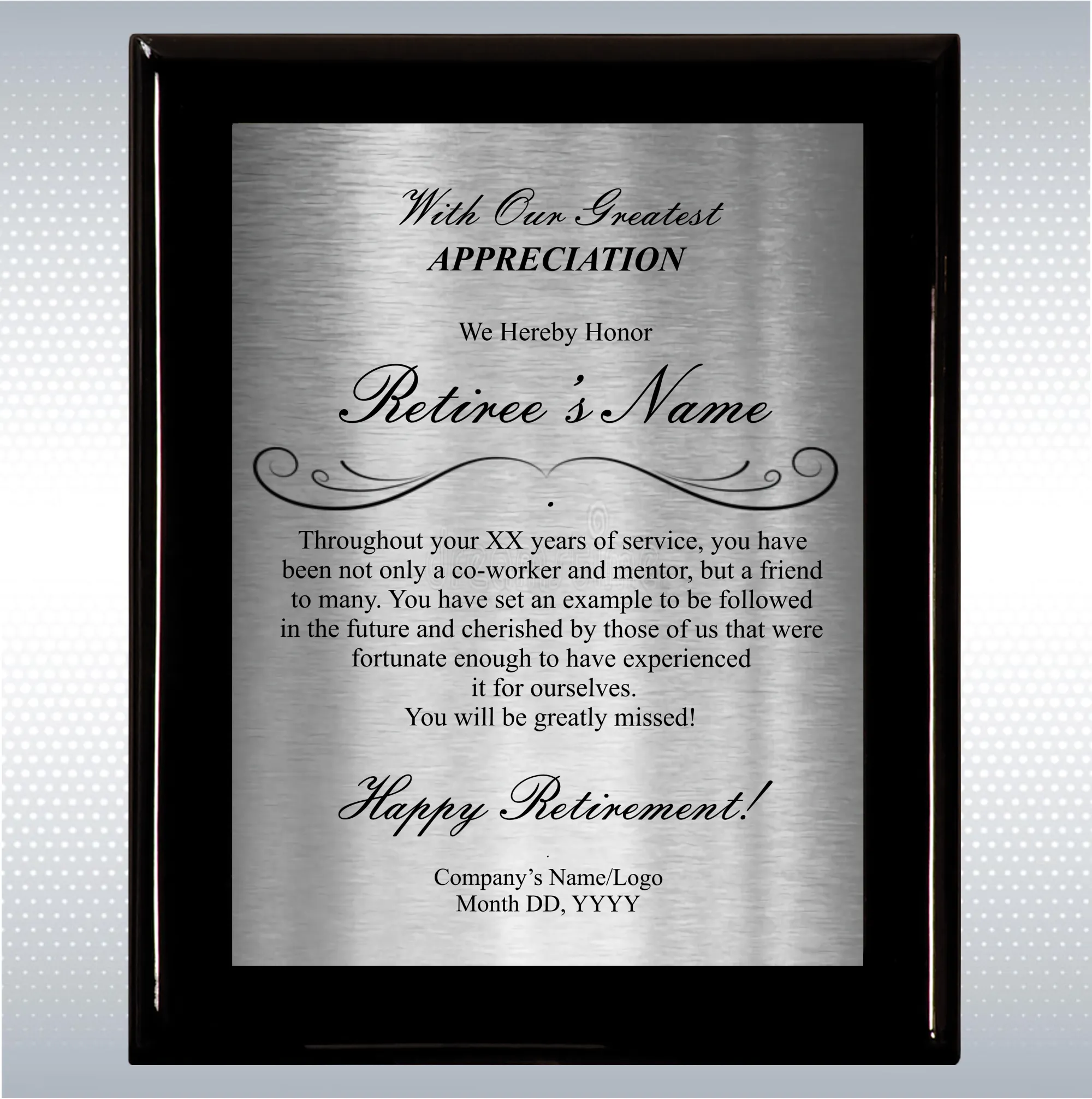 Black Piano Finish Wood Plaque Retirement Gift Award 10
