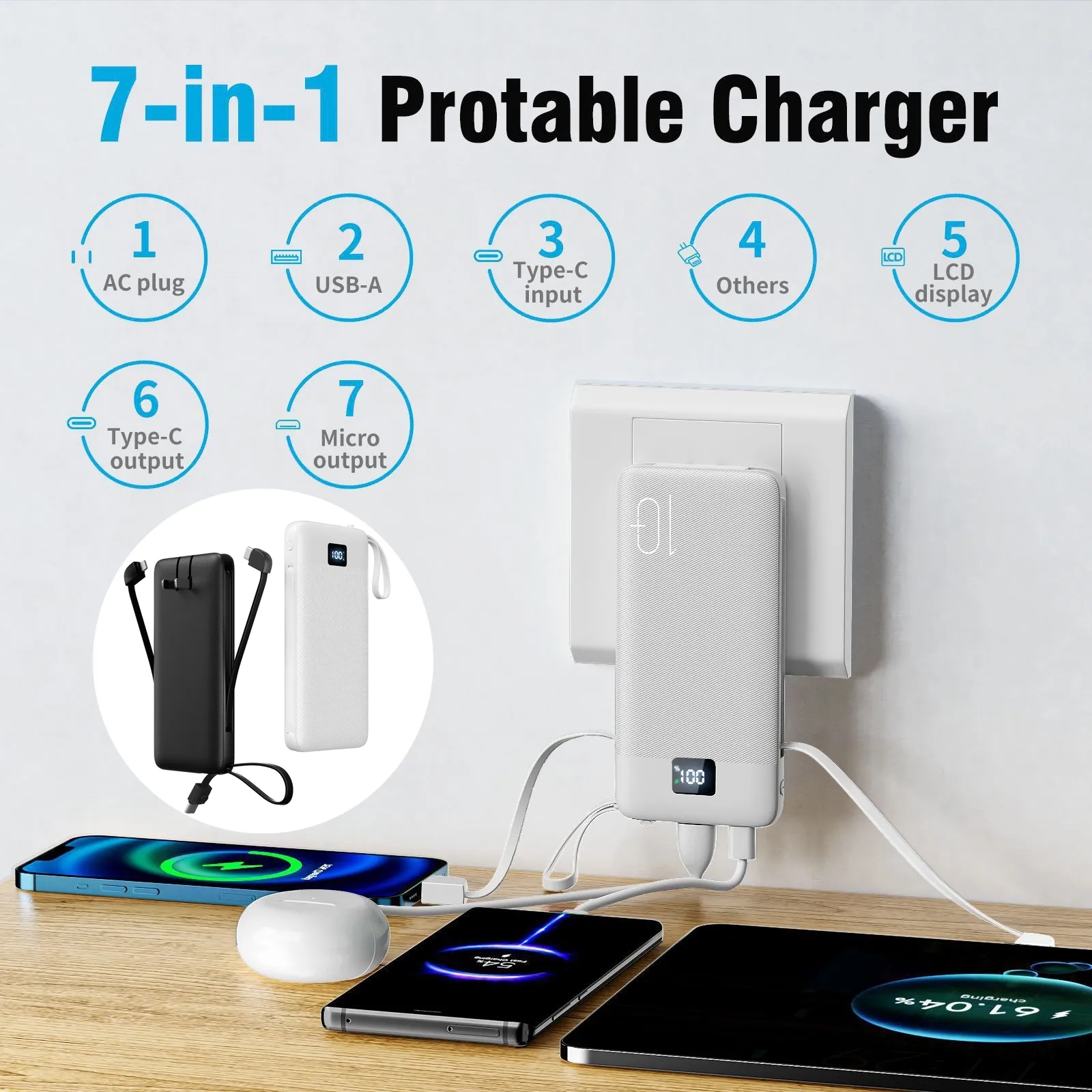 10000mAh Power Bank with Built-in Cables and AC Wall Plug 7