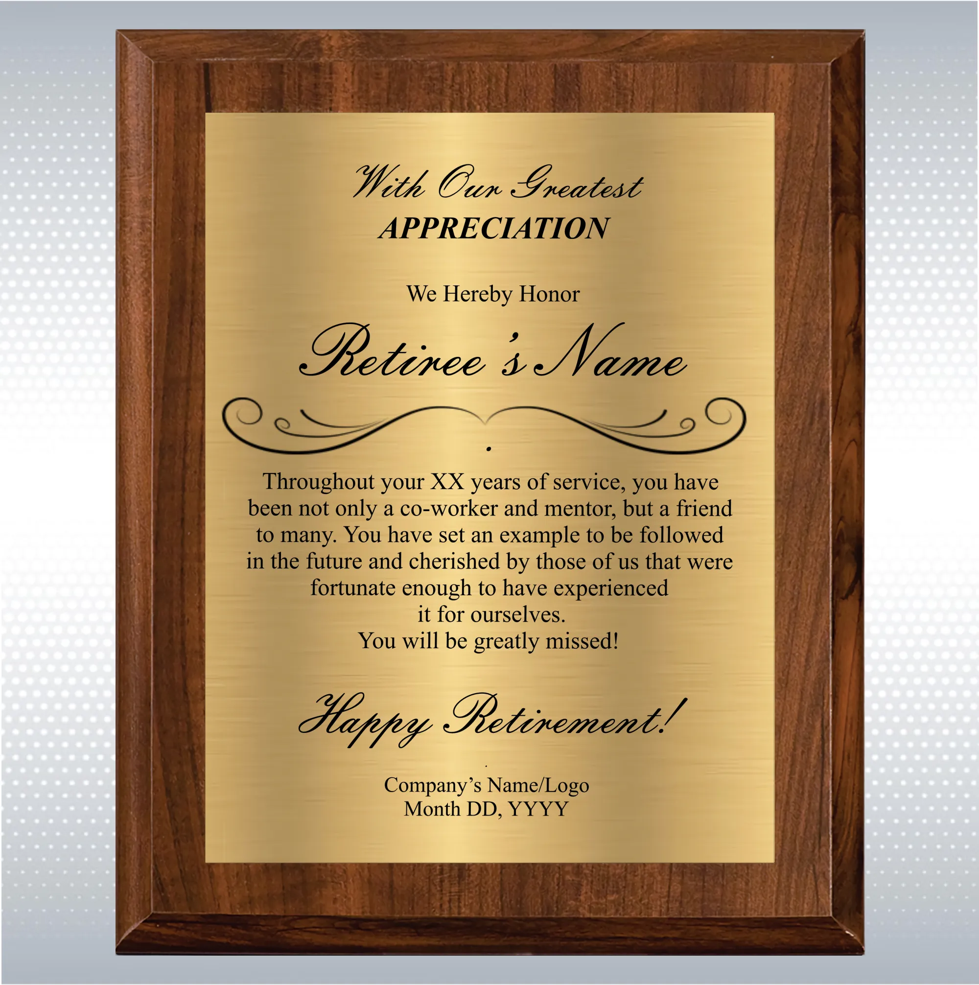 Cherry Finish Plaque Retirement Gift Award 19