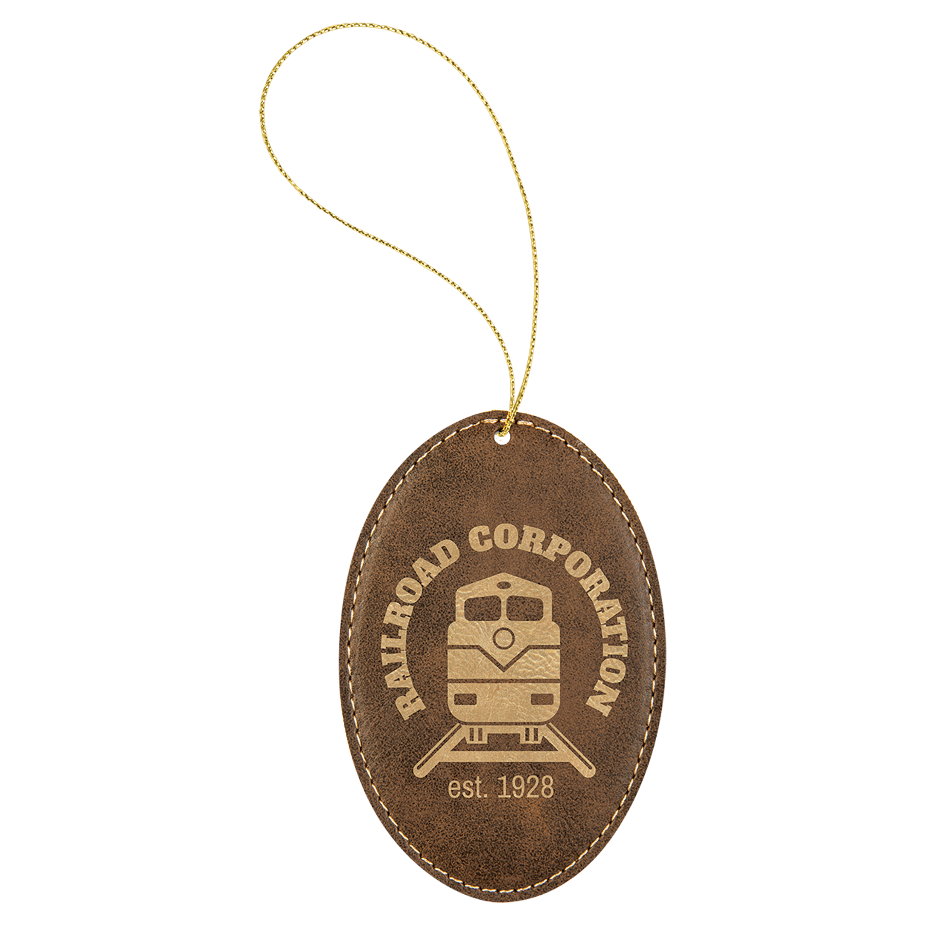 Light Brown Laserable Leatherette Oval Ornament w/Silver String 1
