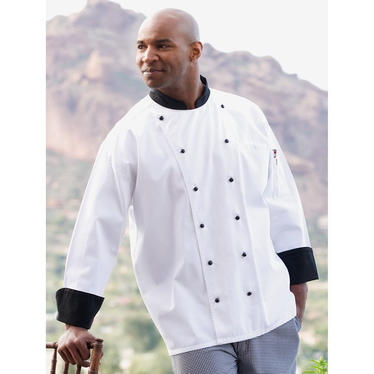White Rialto 100% Cotton Executive Chef Coat with Black Trim and 12 Stud Buttons 1