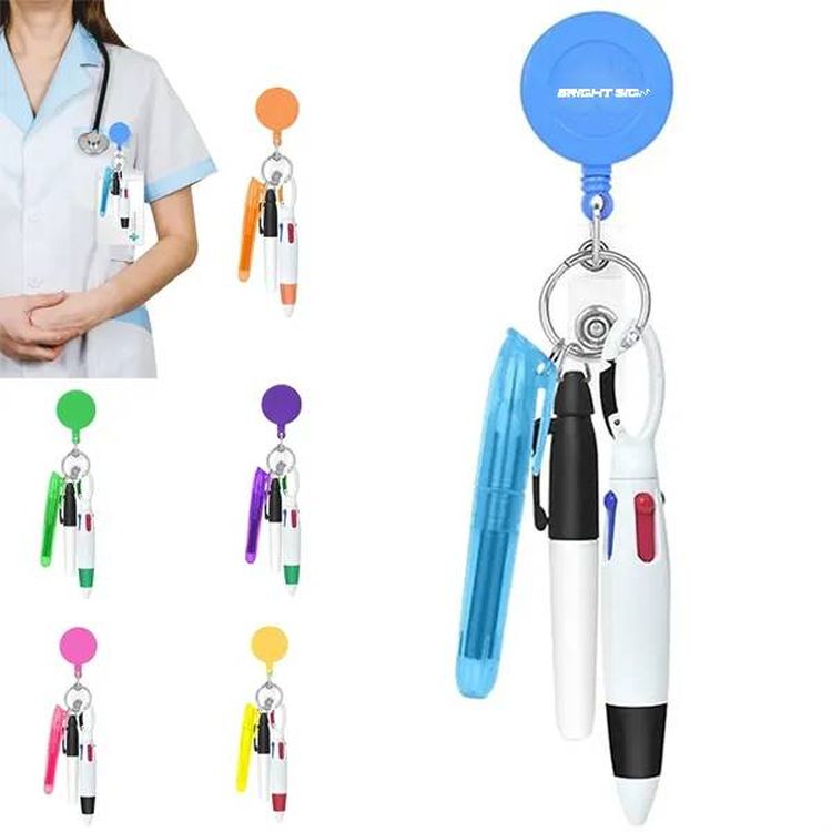 Mini Badge Reel Highlighter + Marker + Ballpoint Pen Keychain Set 2