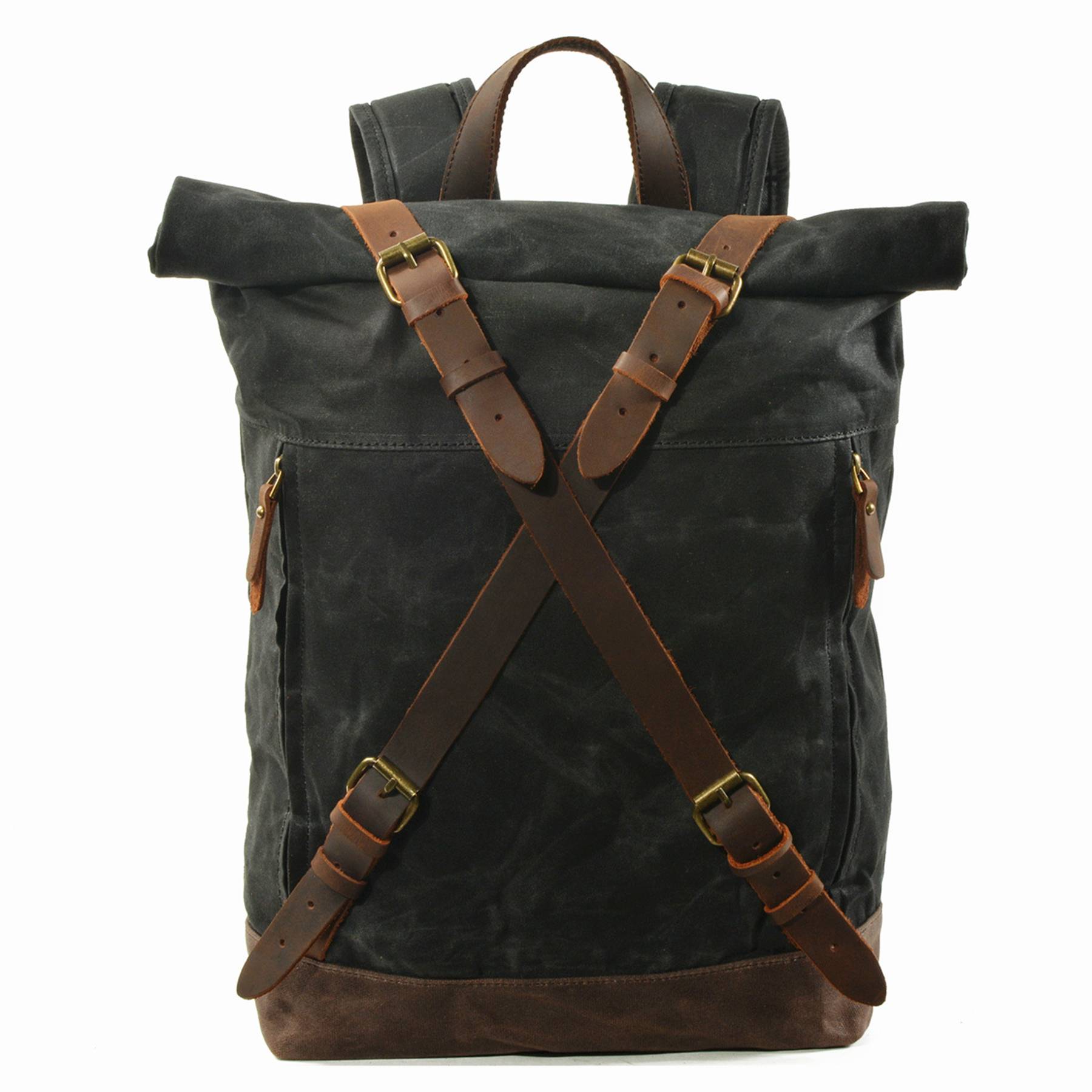Vintage Canvas Leather Roll On Laptop Backpack Waterproof 3