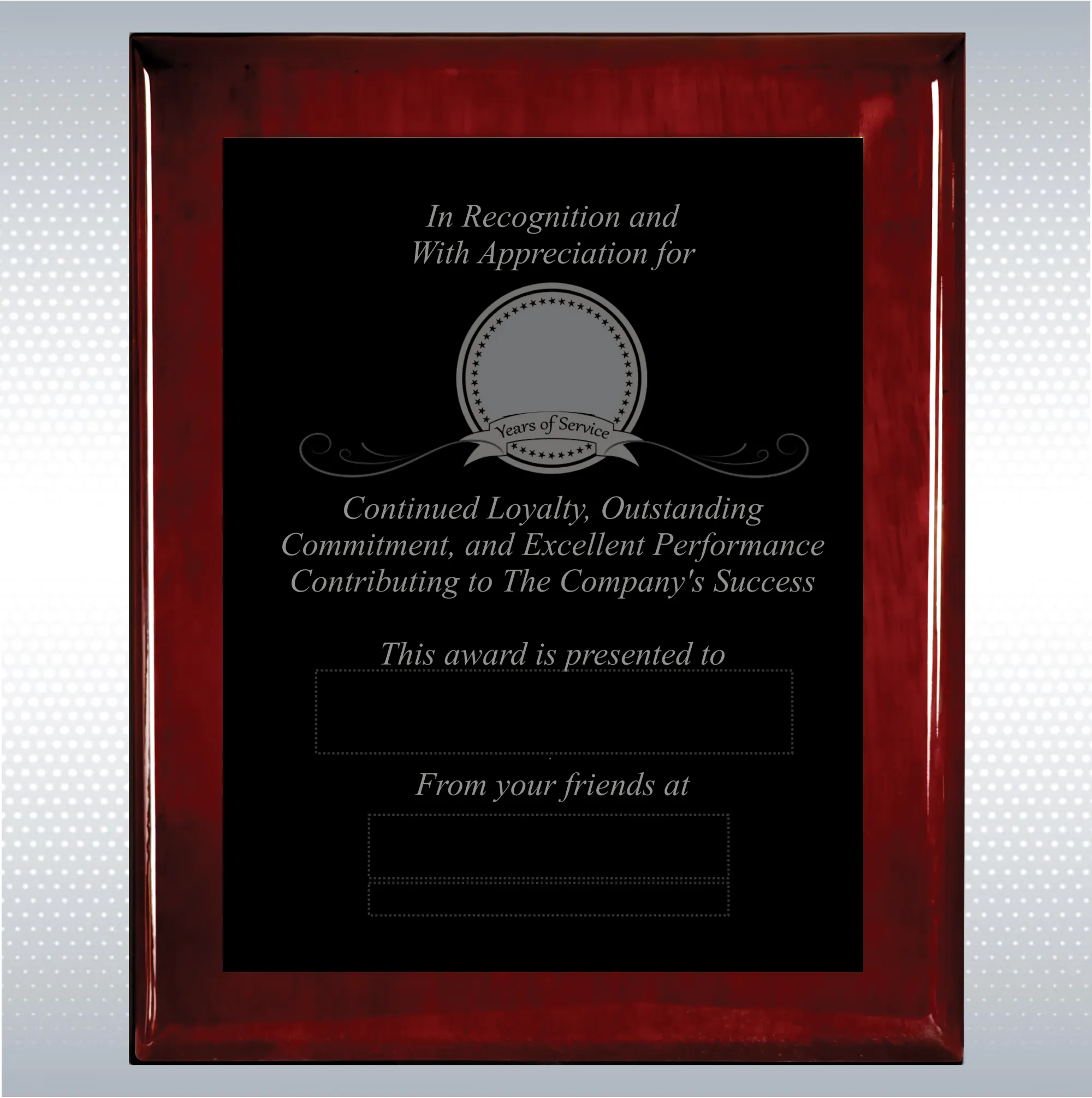 Rosewood Piano Finish Wood Plaque  Years of Service Award 18