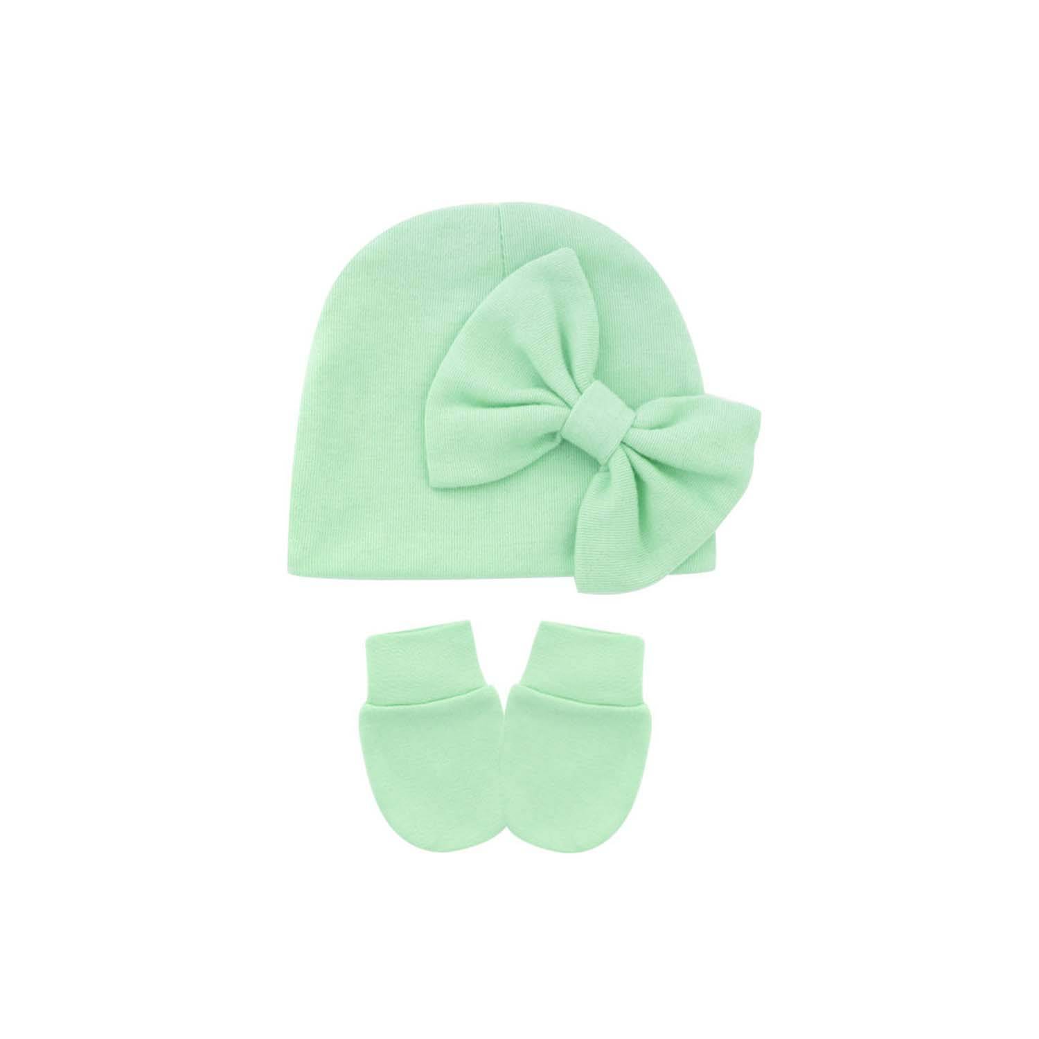 0-6 Months Solid Color Anti Scratch Gloves Bow Baby Hat 9