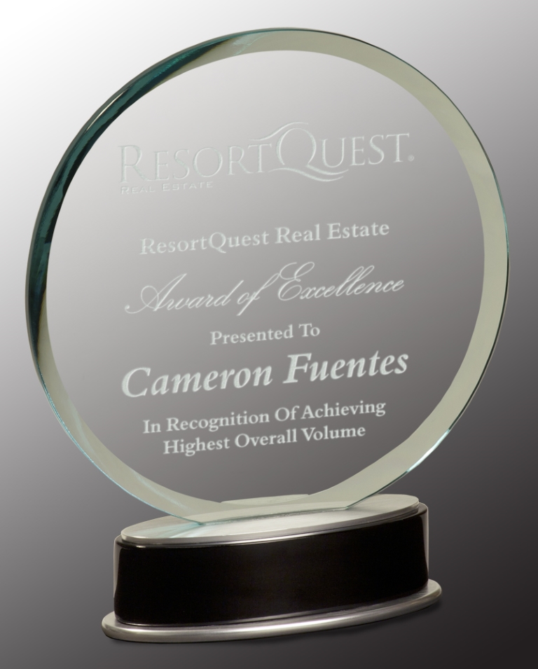 9" Jade Round Metro Glass Award with Black and Silver Base