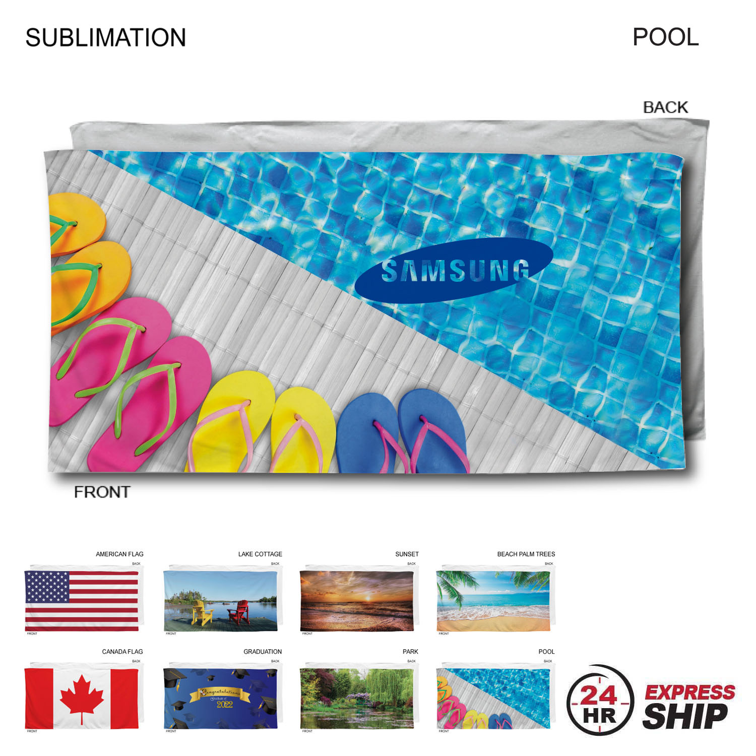 24Hr Express Ship - Stock Design, Heaviest Weight, Plush Velour Terry Beach Towel, 30x60, Sublimated 9