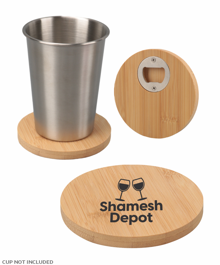 Union Printed - 4 inch Round Bamboo Coaster with Beer Opener - 1-Color Logo 1