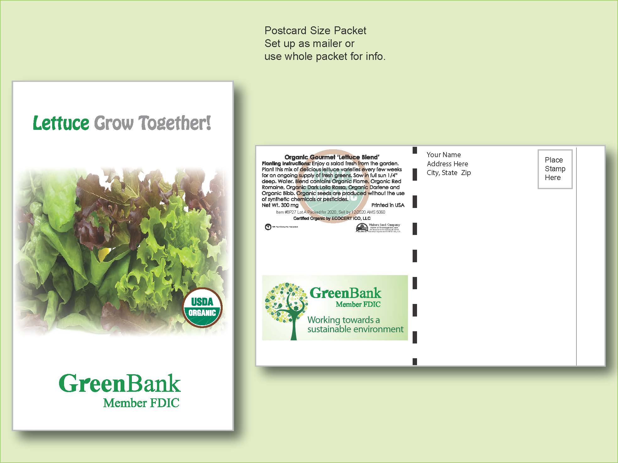 Organic Lettuce Gourmet Blend Seed Packet - Postcard Mailer Size 4" x 6.5" 1