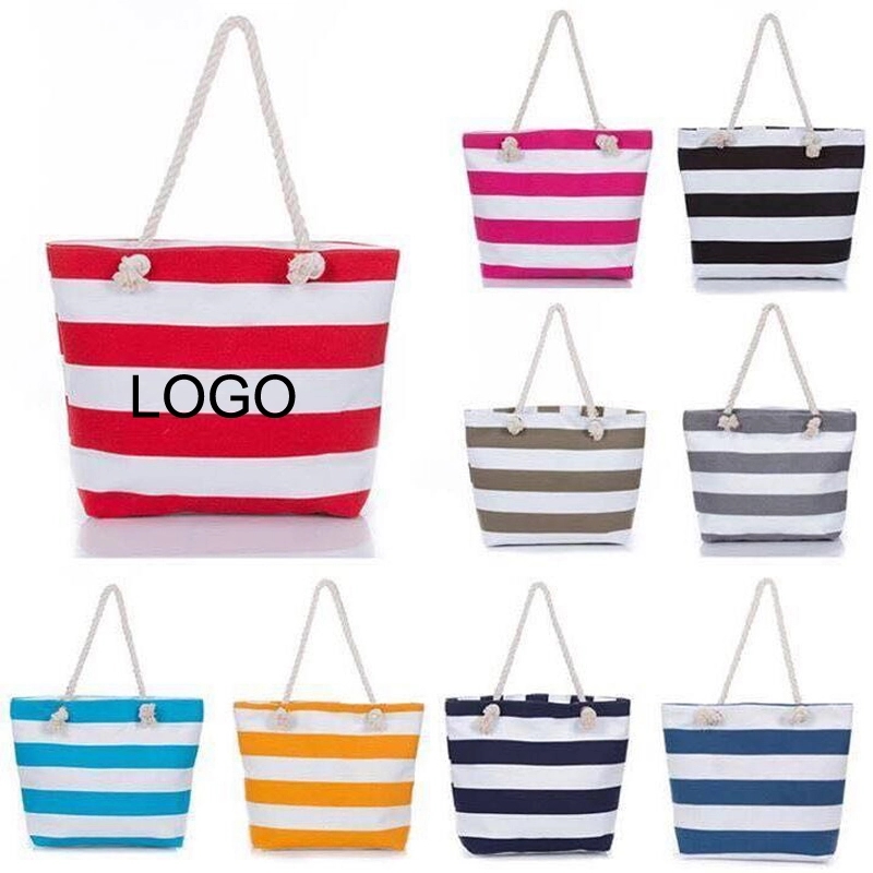 Large Striped Canvas Beach Bag With Cotton Rope Handles, custom tote bag with logo imprint 2