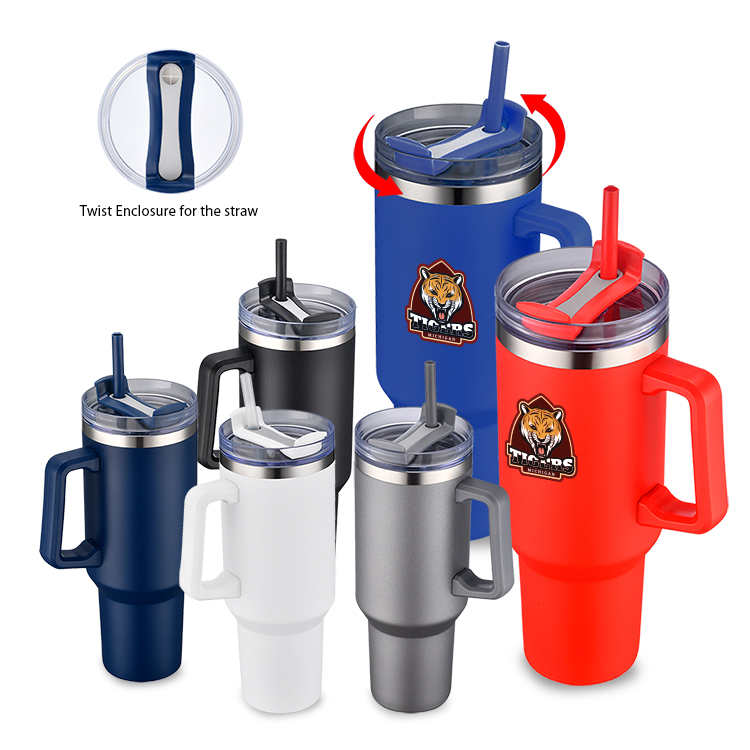 40 oz. PP Inner Double Wall Insulated Travel Handle Mug w/Straw & Twist Closure Lid 8