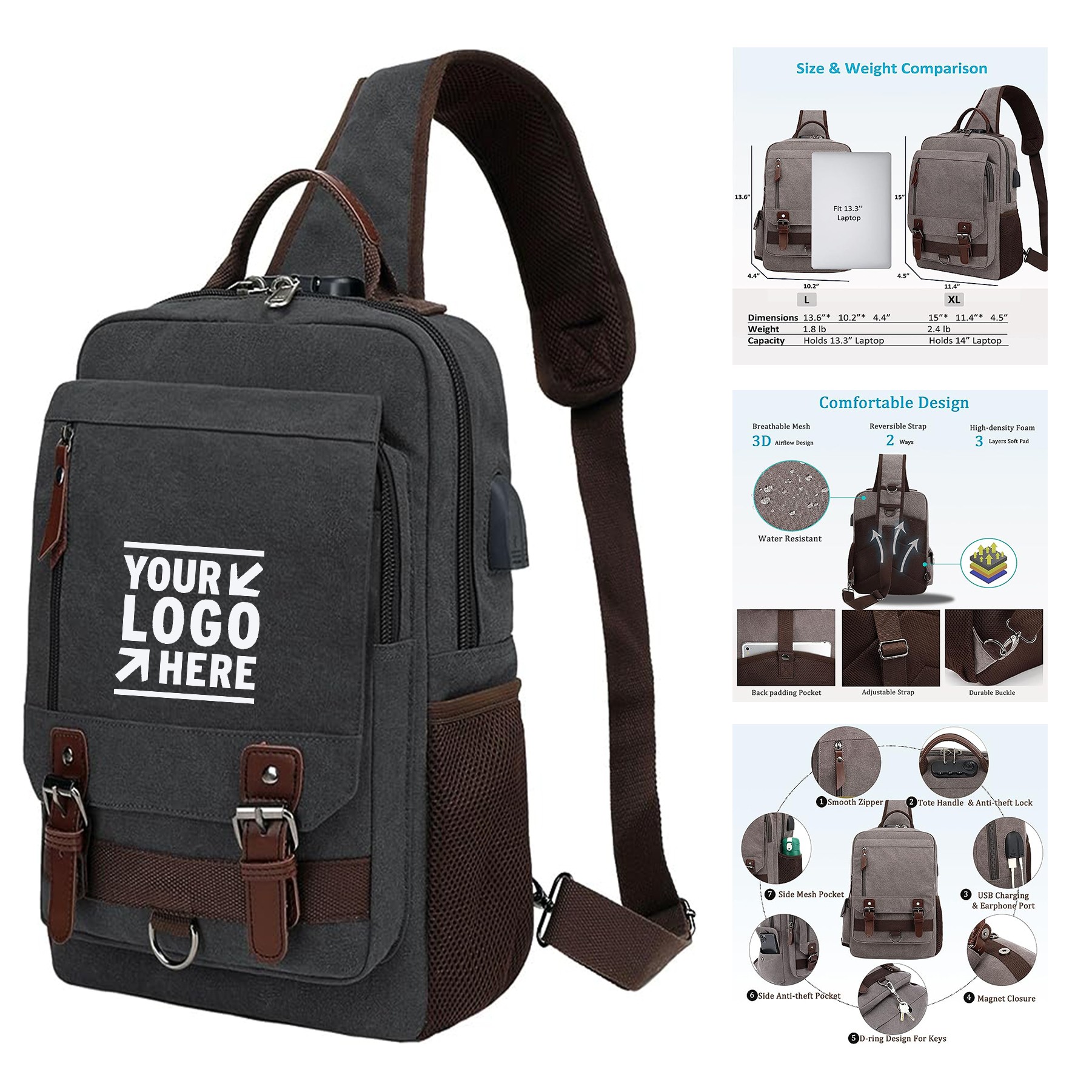 Travel Canvas Messenger Bag Laptop Casual Sling Crossbody Backpack for Men Women 2