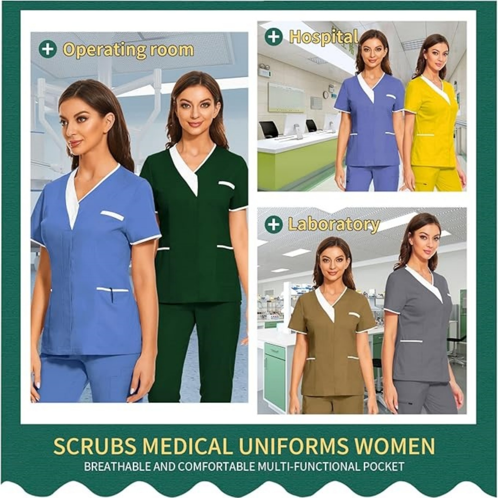 Solid Women V Neck Working Uniform With Pockets 6
