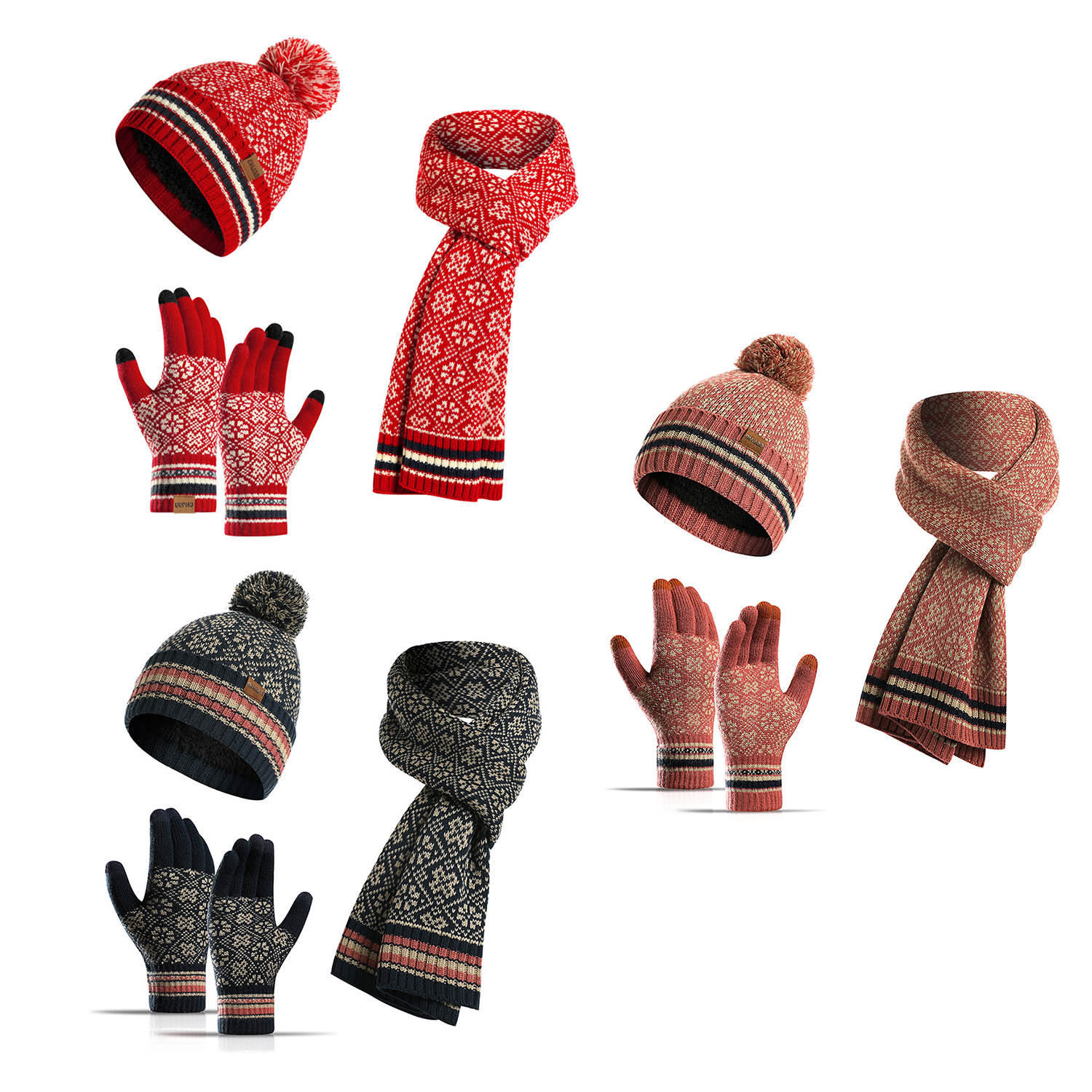 Womens Winter Beanie Hat Scarf Touchscreen Gloves Set 2