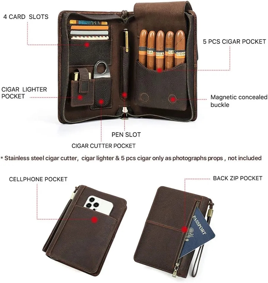 5-cigar Portable Genuine Leather Cigar Case 5
