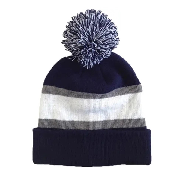 Three Tone Knit Beanie with Pom Ball 10