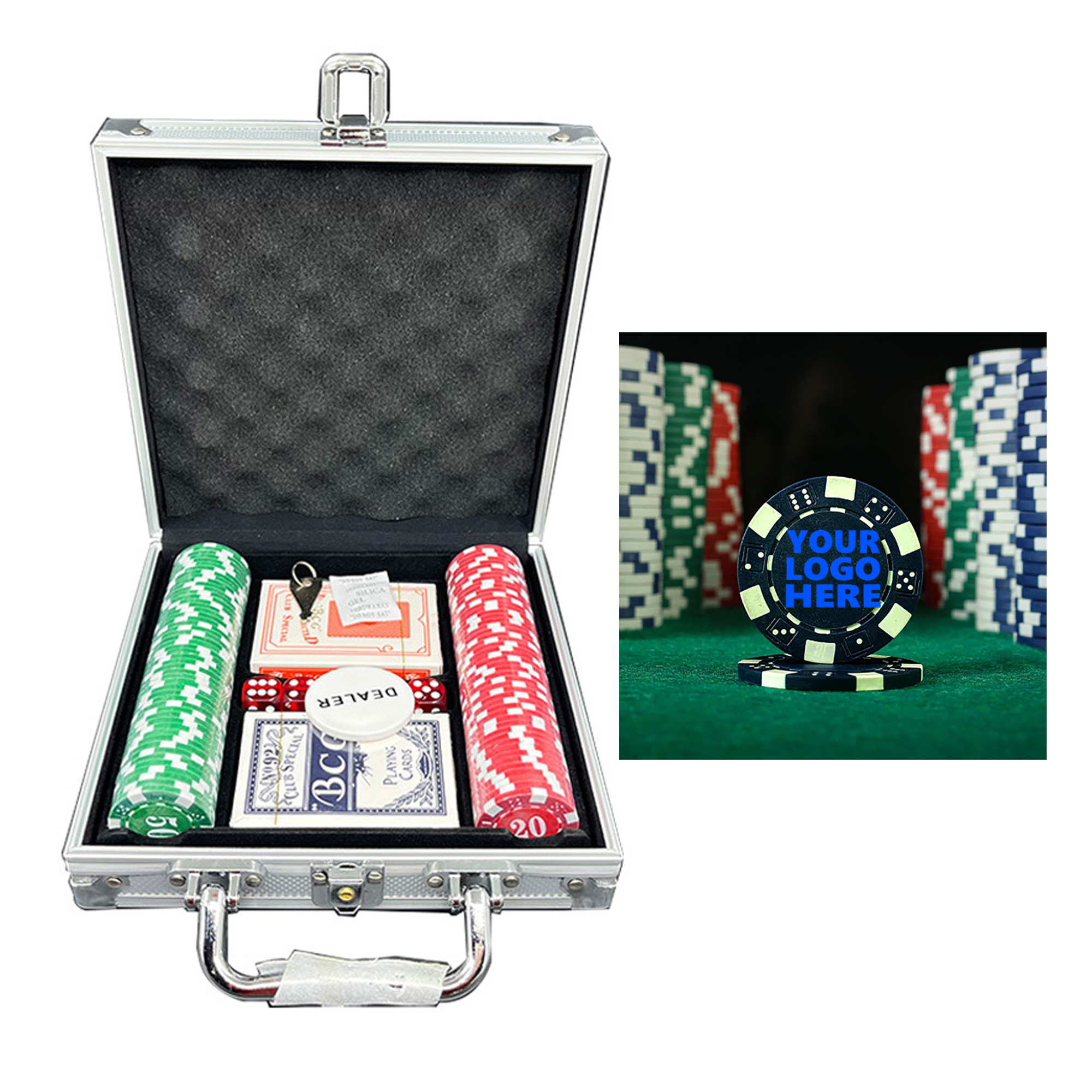 100Pcs Texas Poker Chips Set with Dice, Playing Cards & Storage Box 2