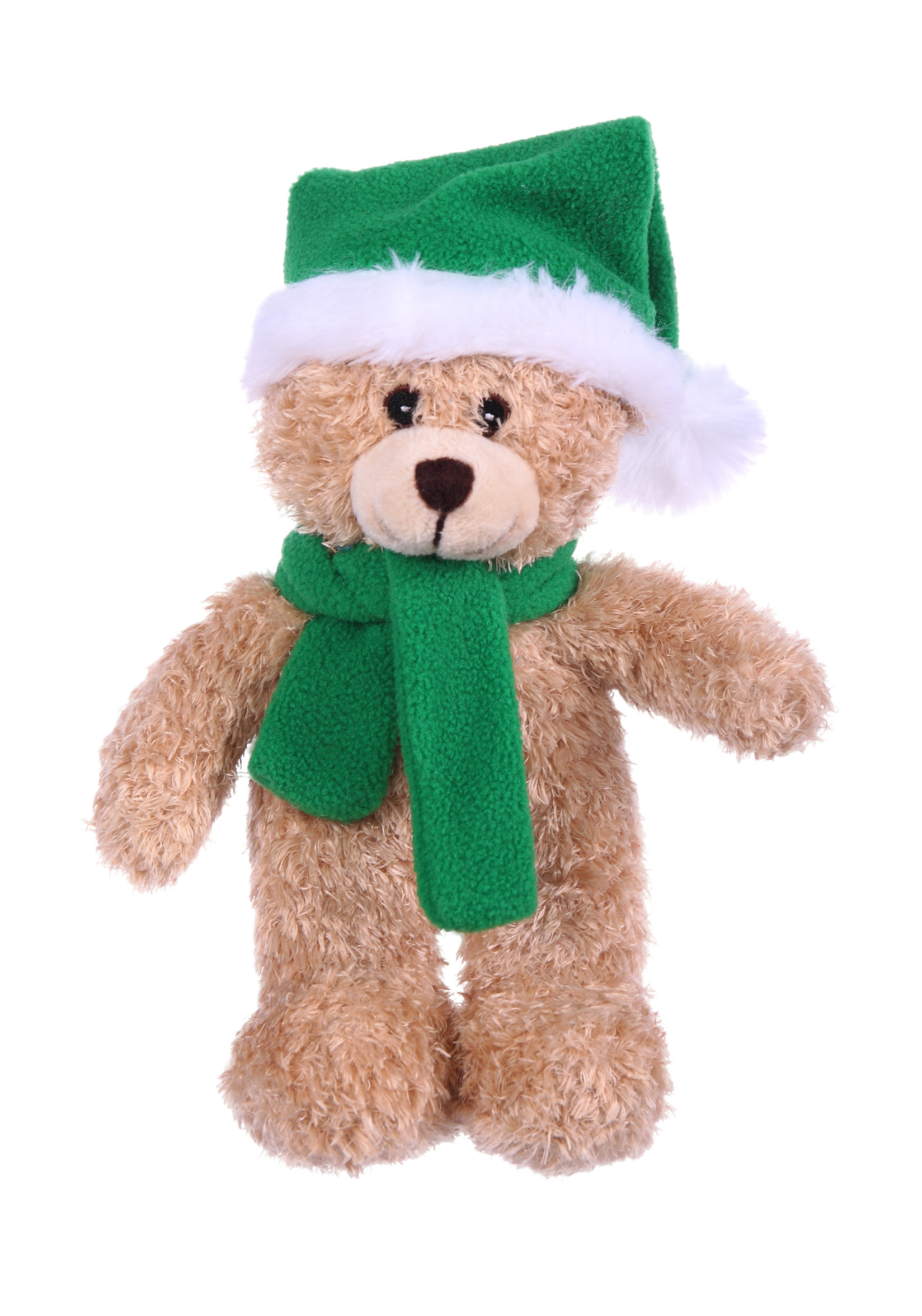 Soft Plush Tan Bear with Christmas Hat and Scarf