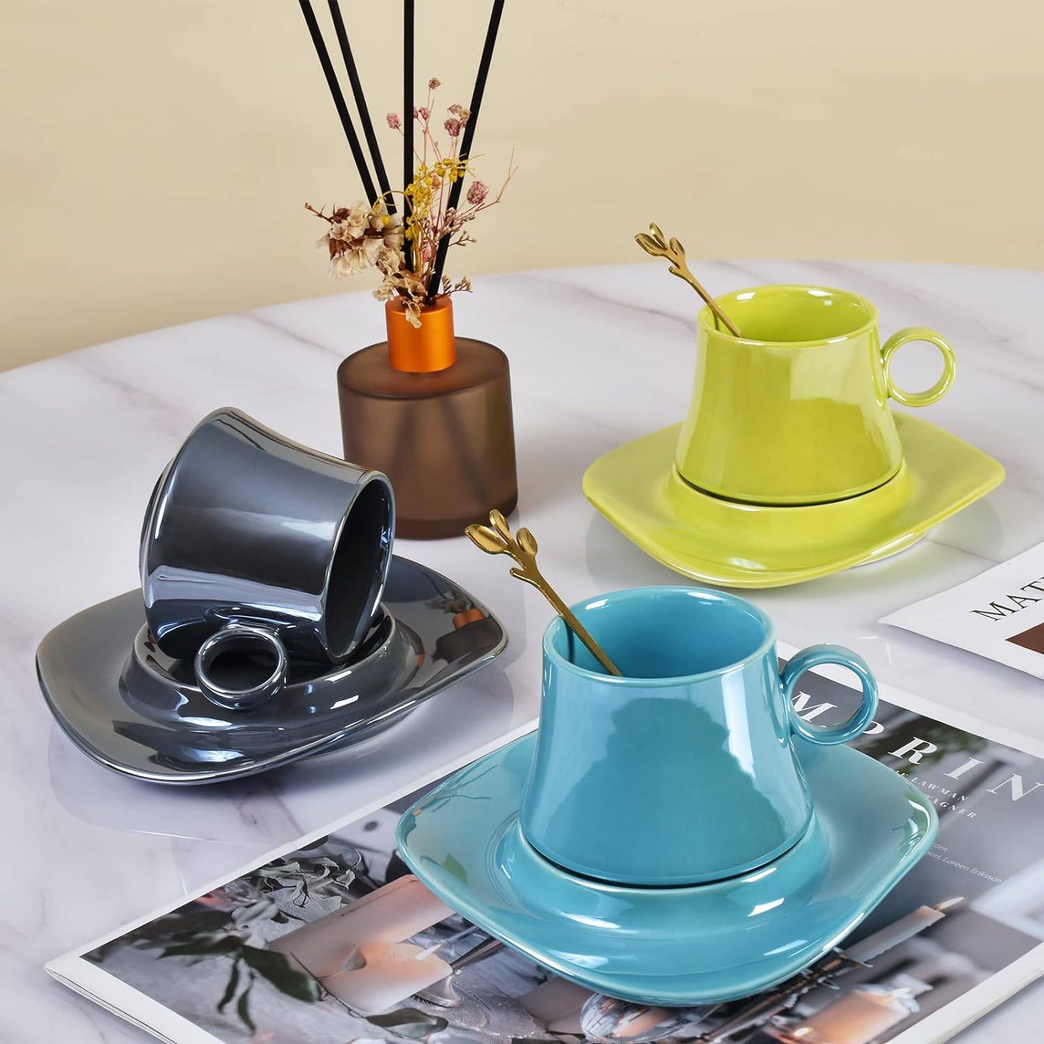 5.5Oz Cute Creative Ceramic Coffee Mug With Saucer Set 2