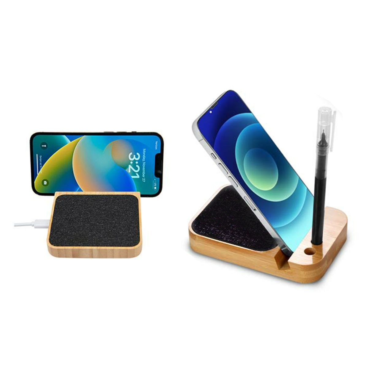 Bamboo Wireless Charger Stand with Pen Holder Mobile Stand 3