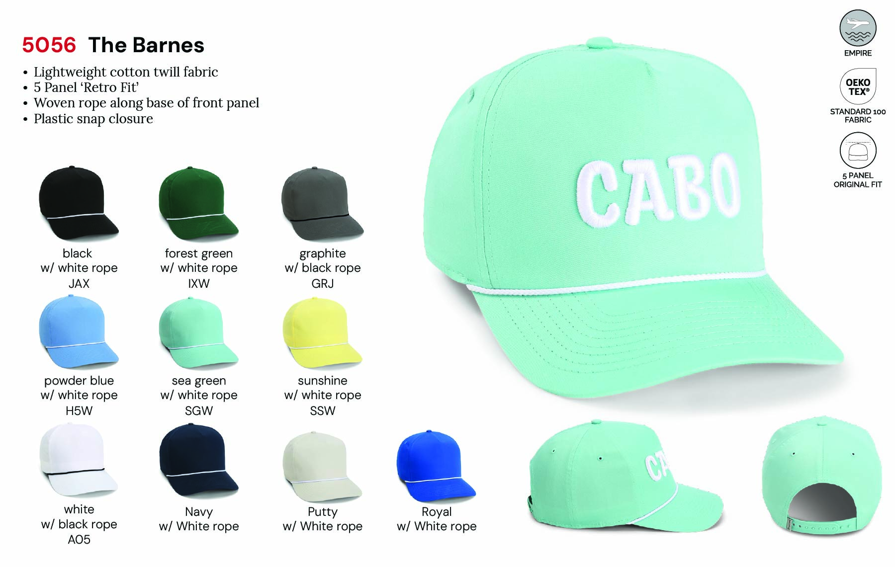 Imperial 5056 5-Panel The Barnes Cotton Rope Cap w/ Leatherette Patches or Embroidery 6