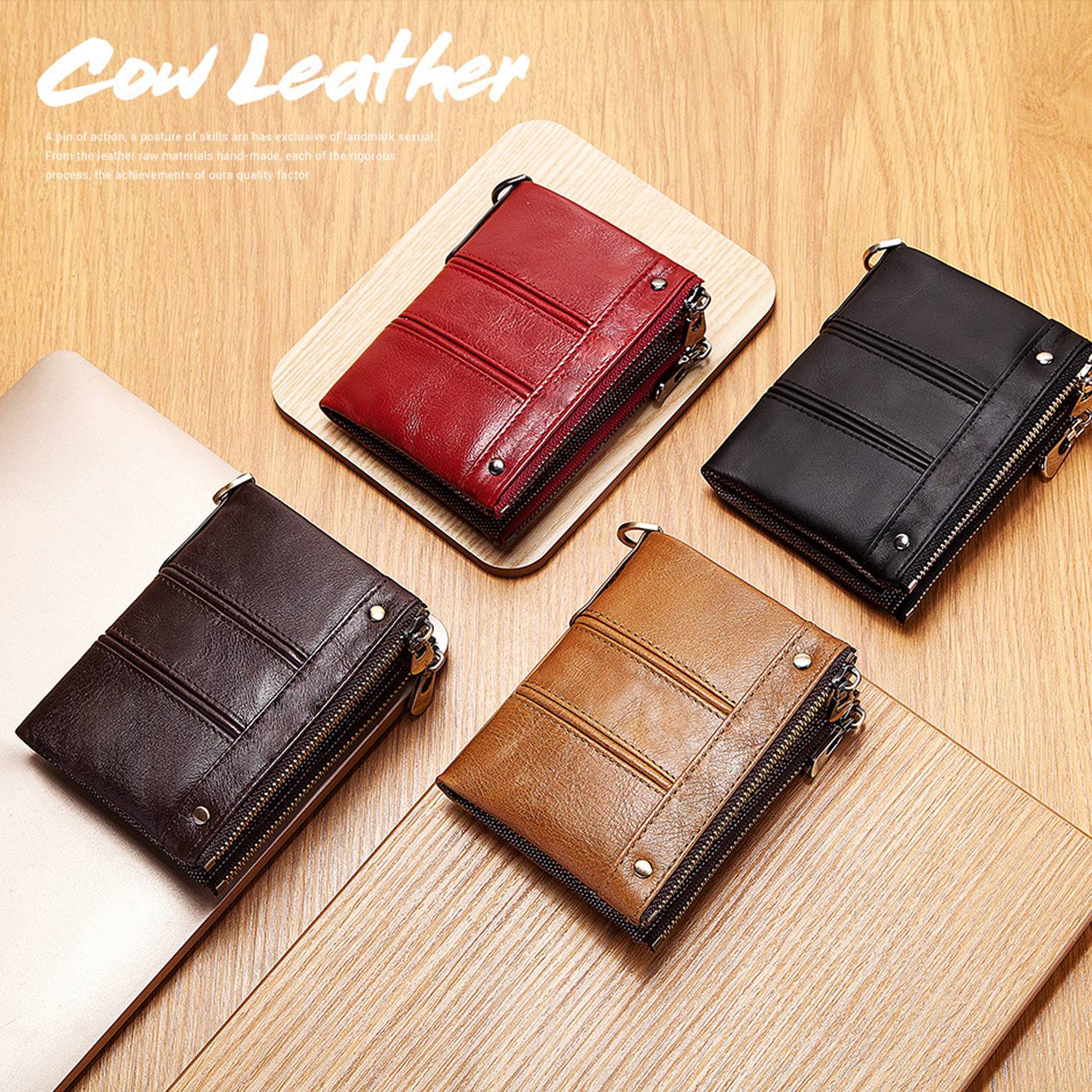 Genuine Leather Short Men's Double Zipper Wallet Purse 2