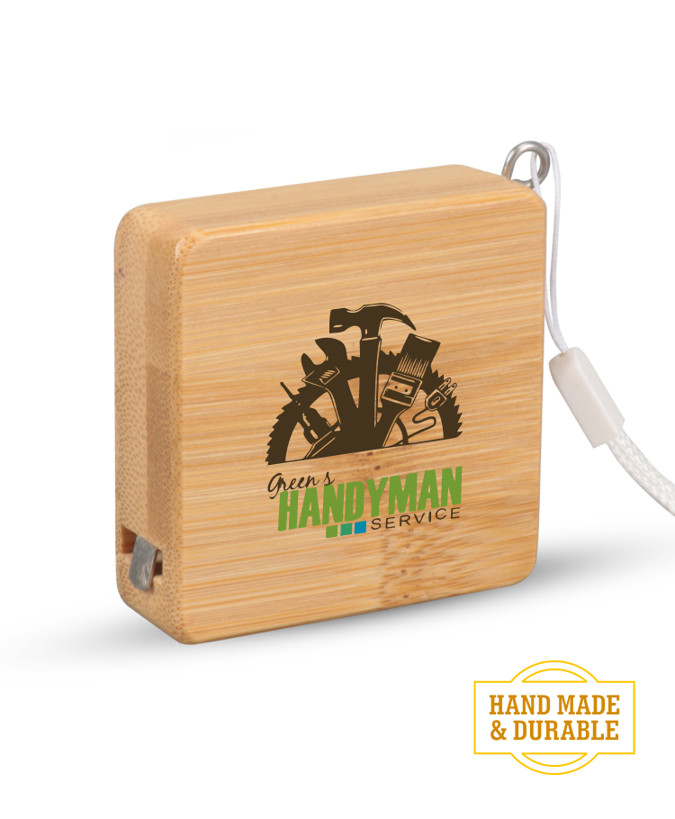 Union Printed - Bamboo Wood (3ft) Square Shaped Tape Measure and Wrist Band with Full Color Logo 1