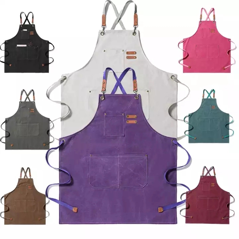 Black Leather Duck Canvas Cotton Kitchen Apron For Waiter 6