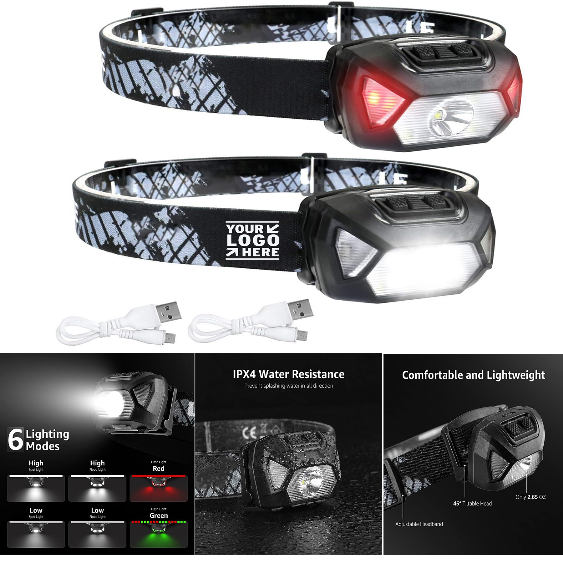 6 Modes LE 320014-2 Rechargeable IPX4 Waterproof Headlight Flashlight 1