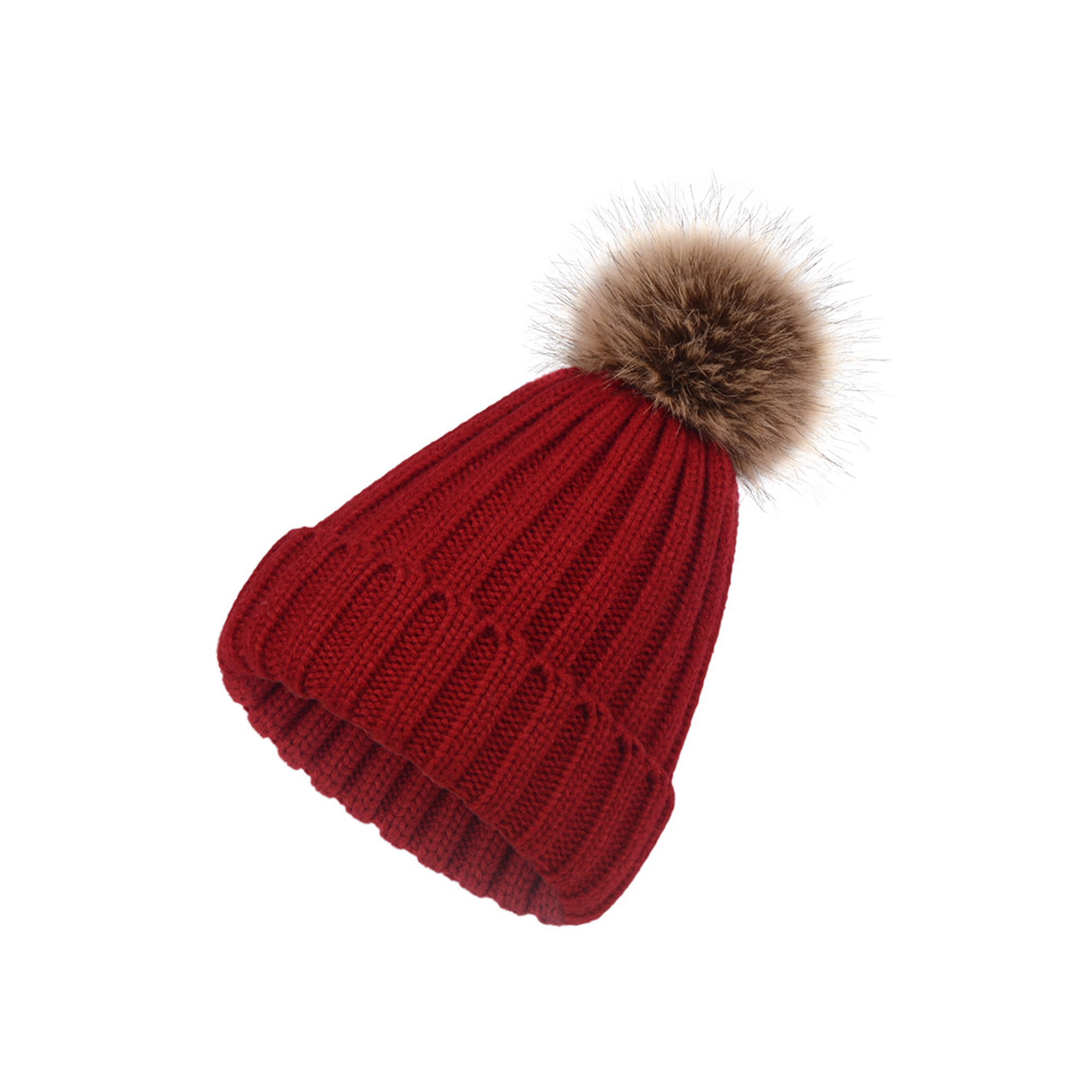 Acrylic Knit Winter Hat With Removable Faux Fur Pom 6