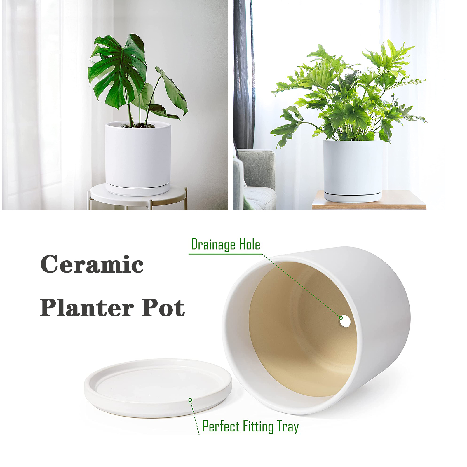 10 Inch Ceramic Planter Pot with Drainage Hole and Saucer 2