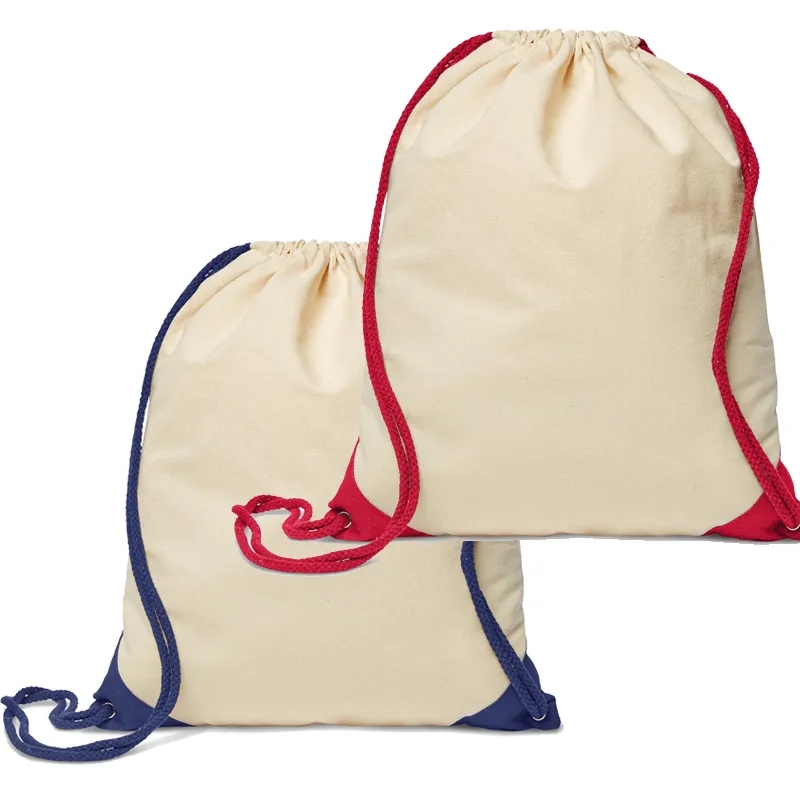 Imprinted Cotton Drawstring Backpacks with Color Corners, custom drawstring bag with logo imprint 3