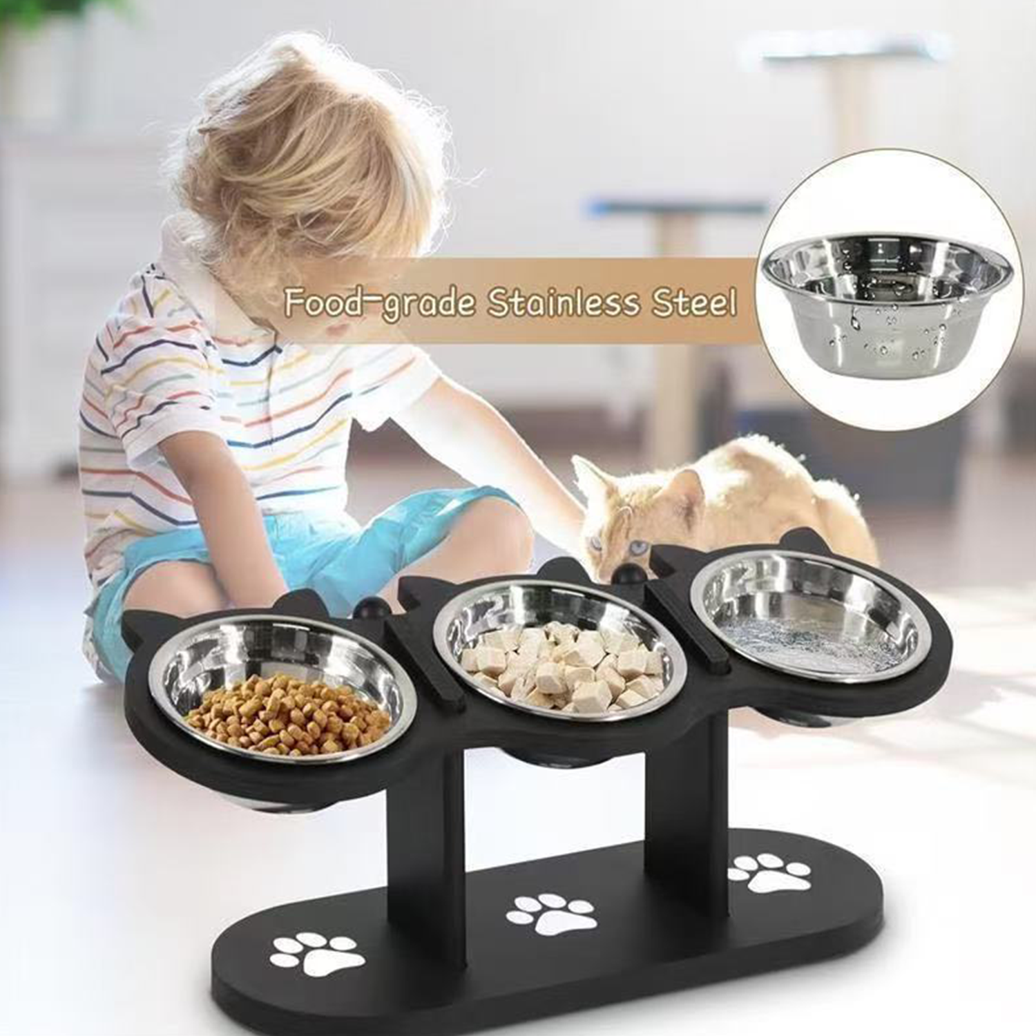 Adjustable Wooden Pet Feeder Stand with 3 Stainless Bowls 3