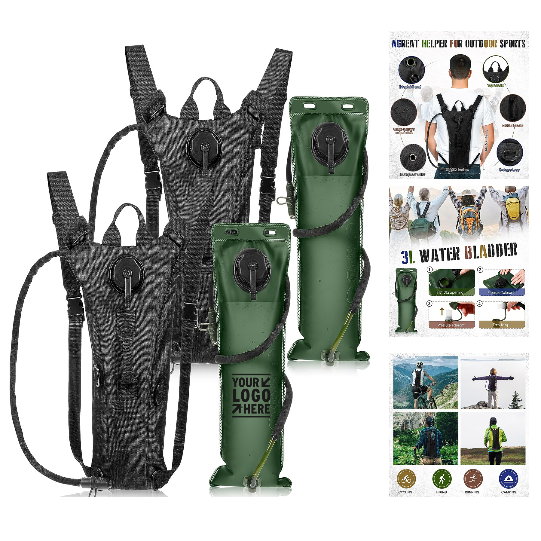 17.72 x 7.87 Inch 3 Liter Water Bladder Tactical Lightweight Hydration Backpack        