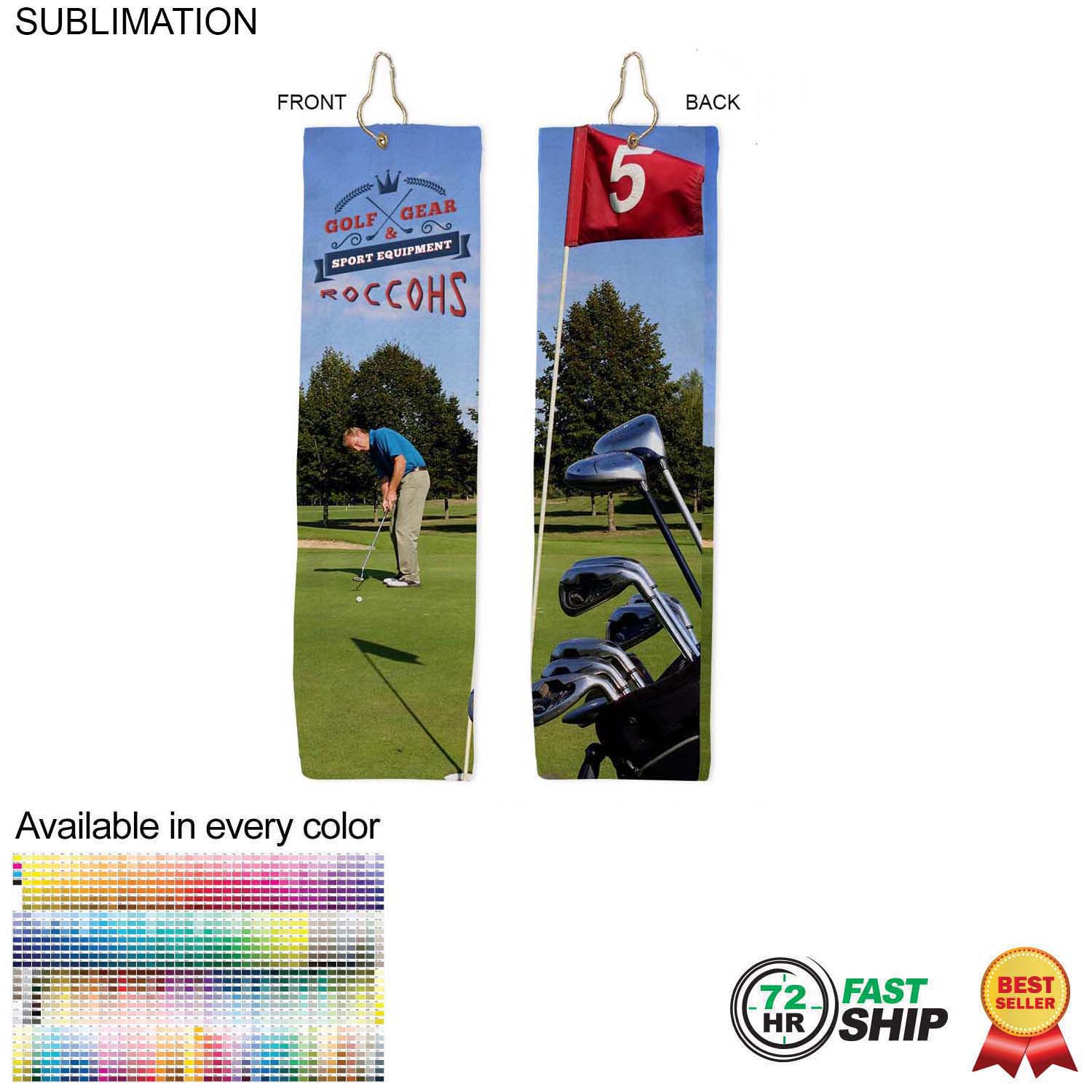 72 Hr Fast Ship - Plush Velour Terry Cotton blend Golf Towel, Finished size 5x18, Trifold 6