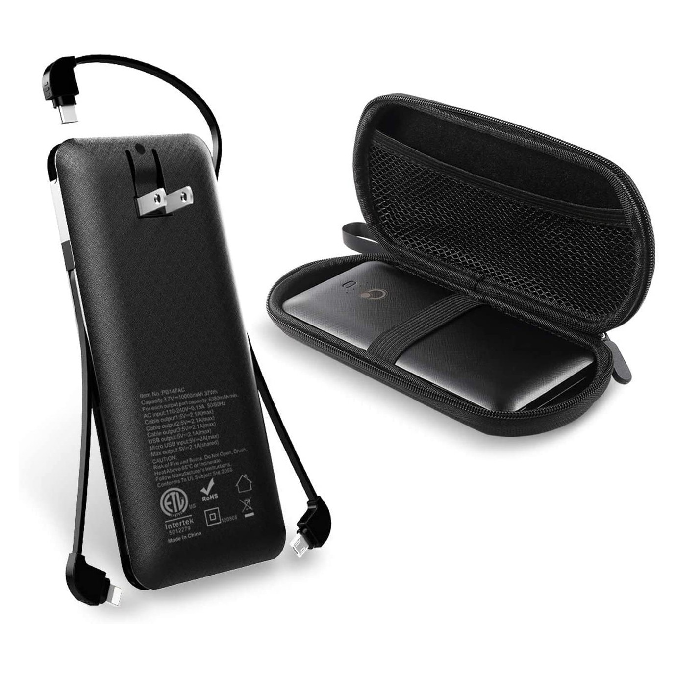 10000 mAh power bank with built-in AC wall plug with Micro, USB, Type-C charging cables 1