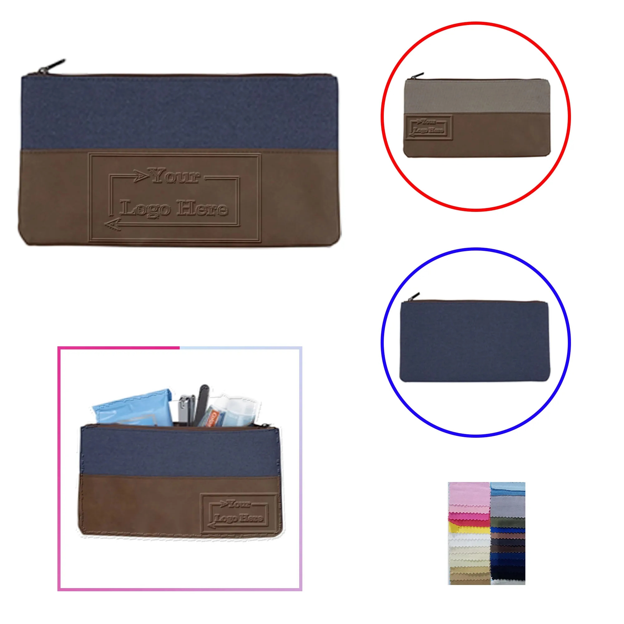 Debossed Handy Bombay PU Leather Cotton Canvas Zipper Pouch 2