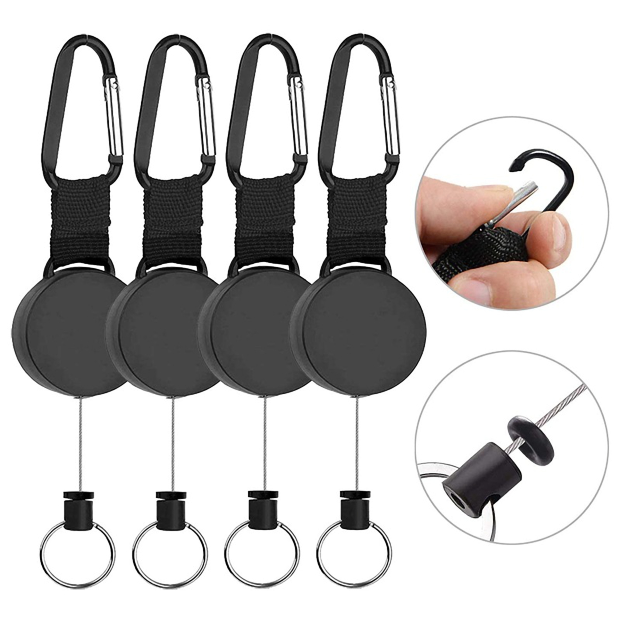Black Round Retractable Key Holder w/Carabiner 2