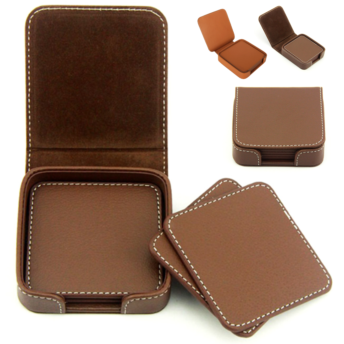 PU Leather Square Coaster Set with Holder