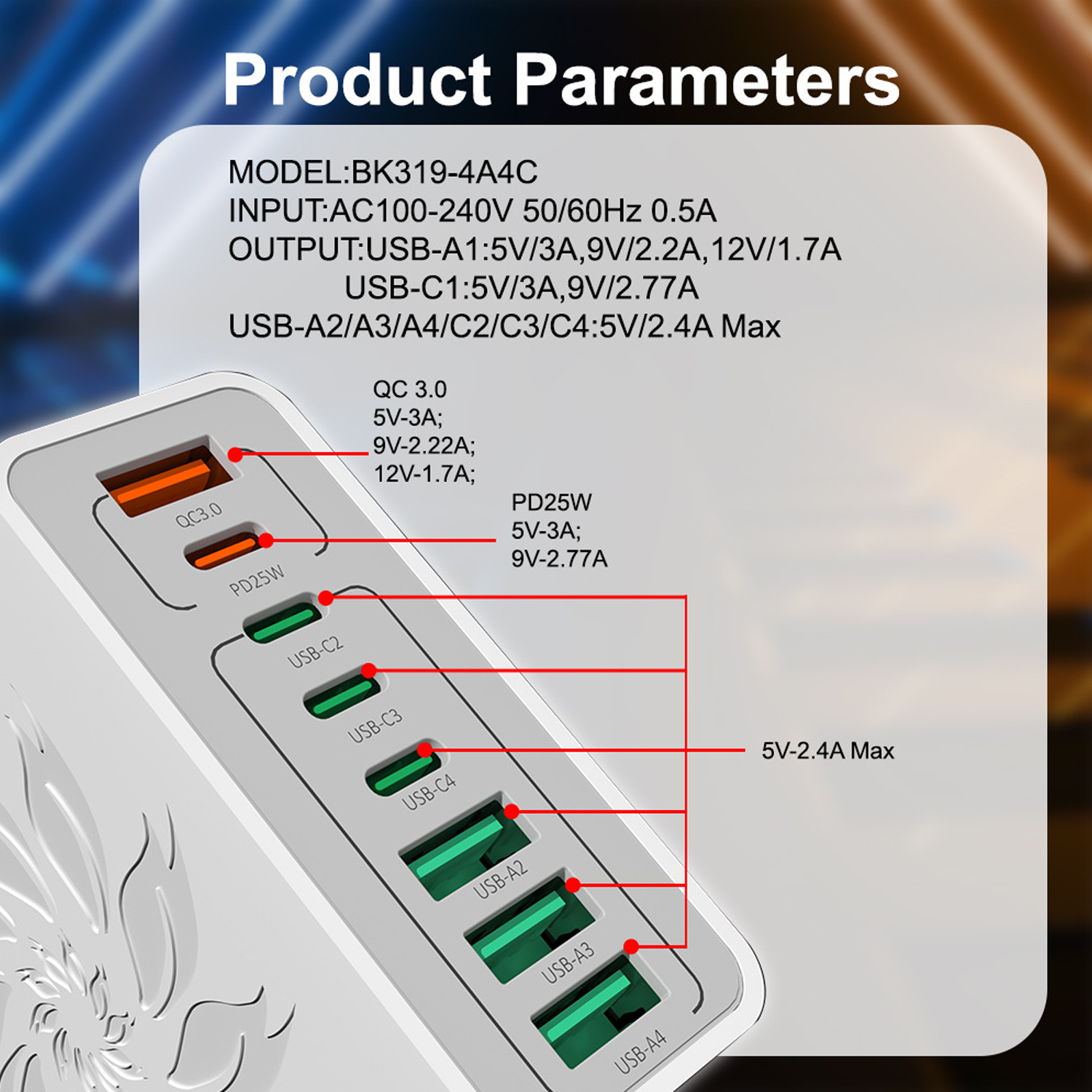 Ultra 150W 8-Port Charger:,4USB+4Type-C, QC5.0 Support 4