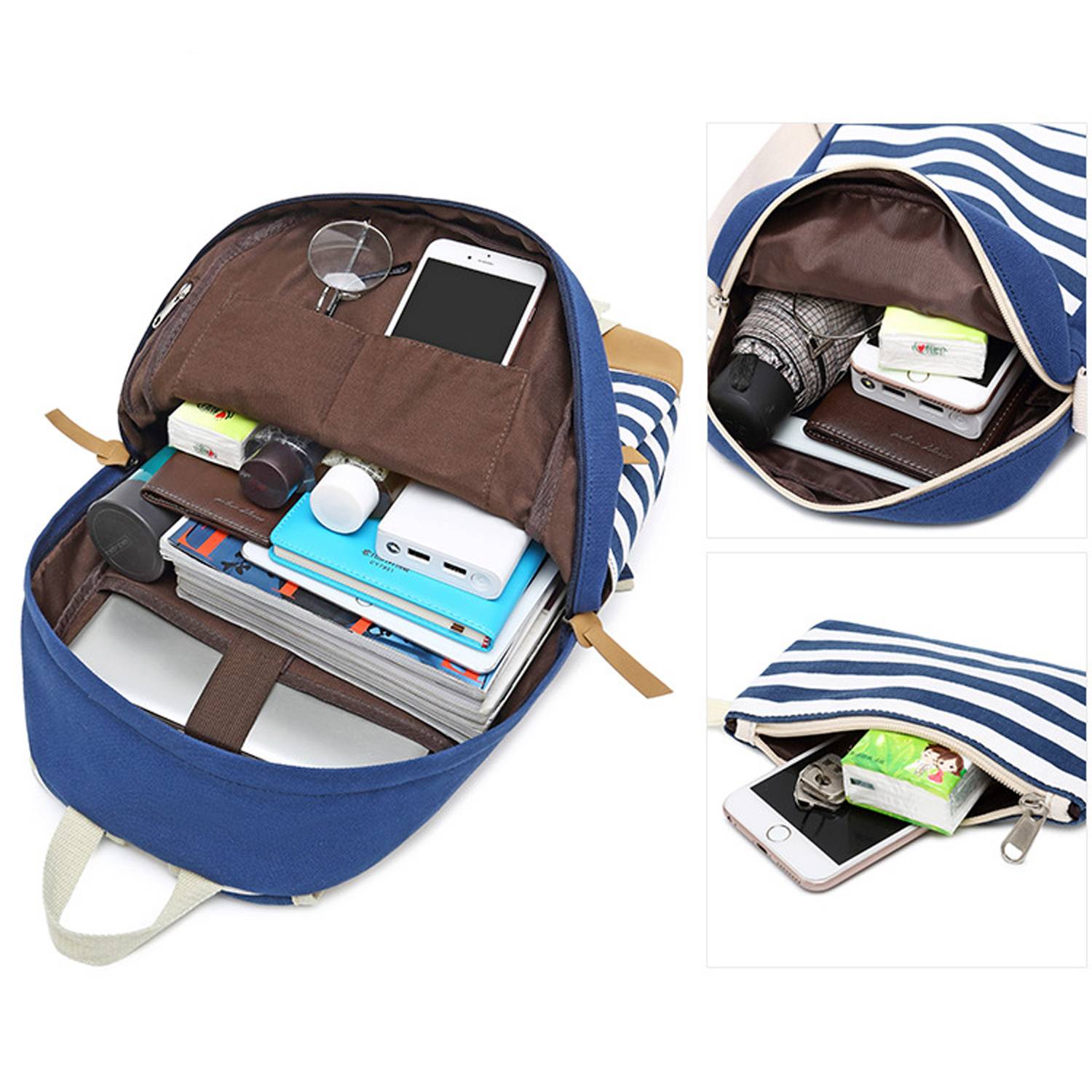 3Pcs Women Lightweight Stripe Canvas Backpack Set 4