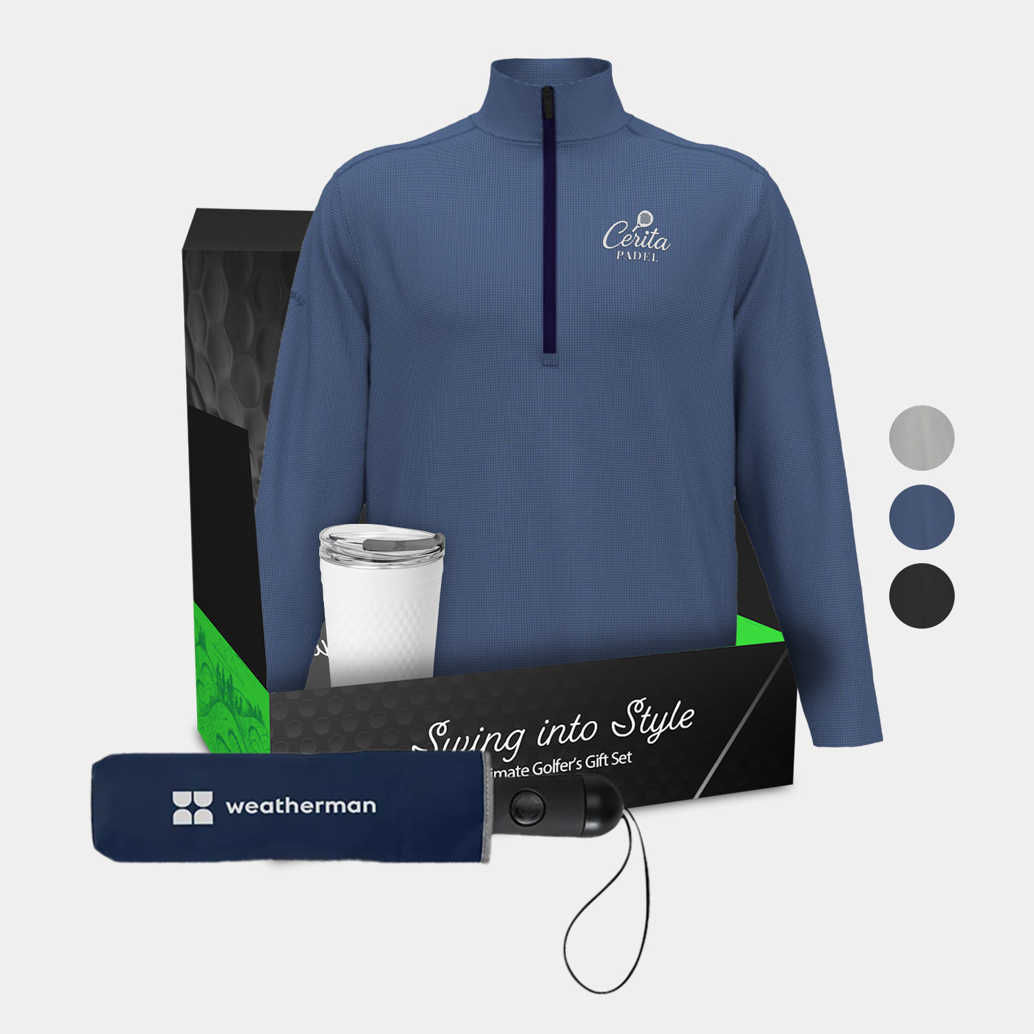 24 oz SWIG® Golf Cup SS Tumbler, Callaway® Men's Golf Pullover & Weatherman® Umbrella Gift Set 1