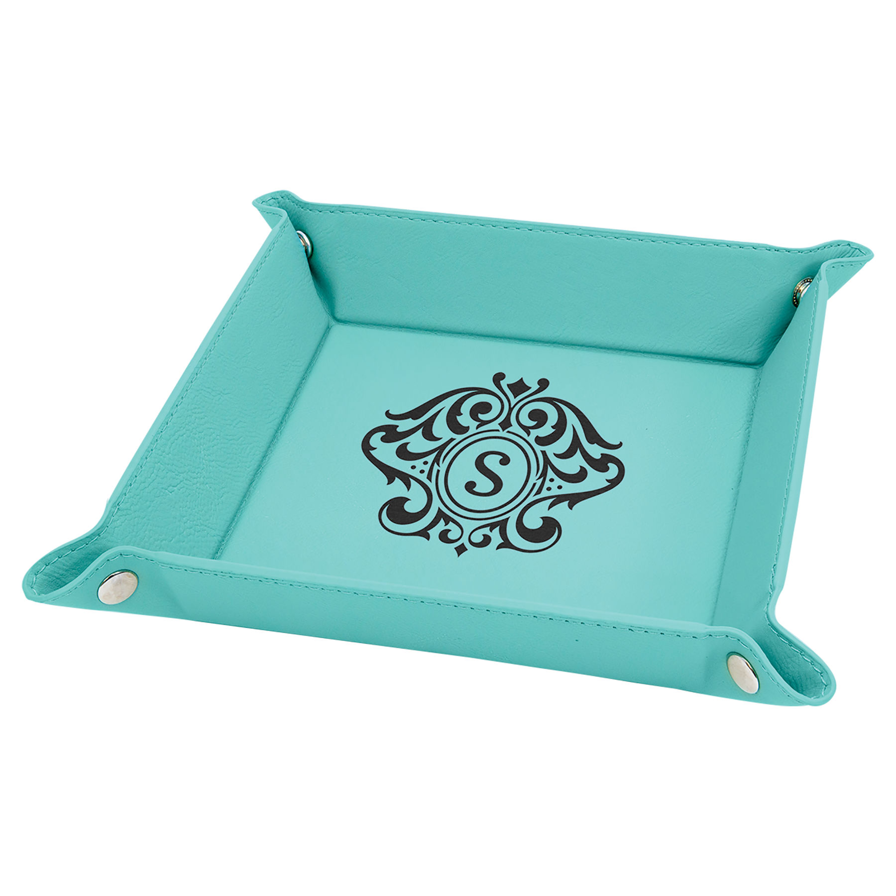 6" x 6" Teal Leatherette Snap Up Tray with Silver Snaps 2