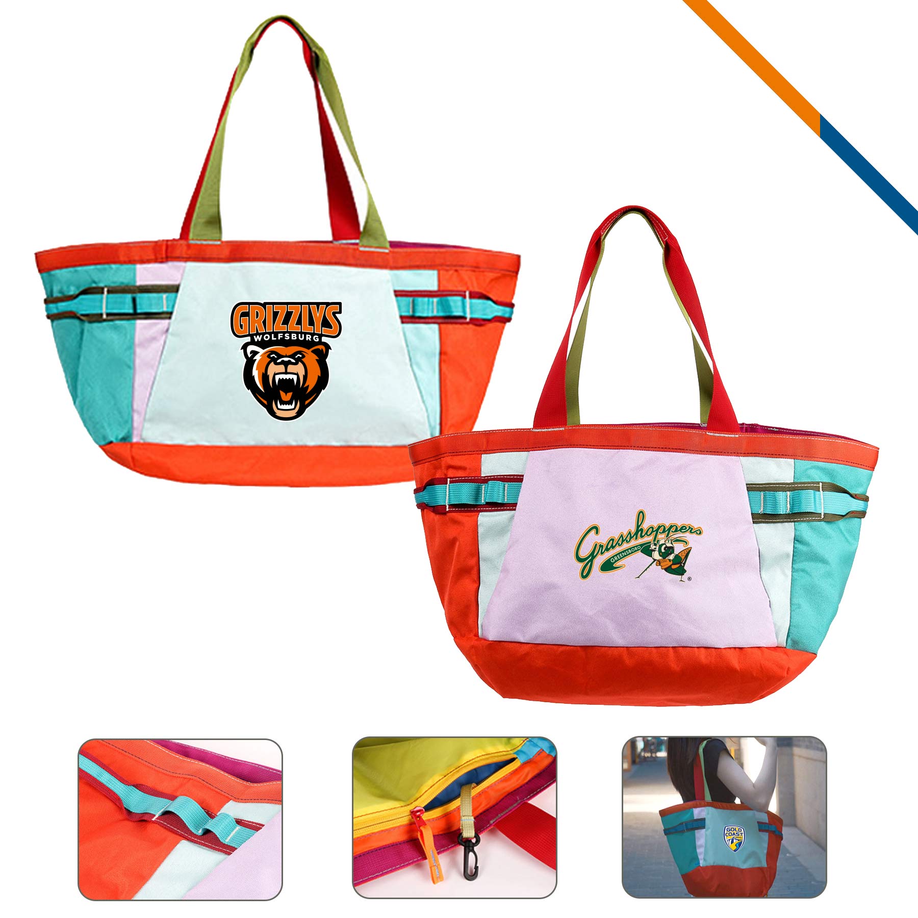 HuePop Polyester Color Block Tote Bag, custom tote bag with logo imprint 1