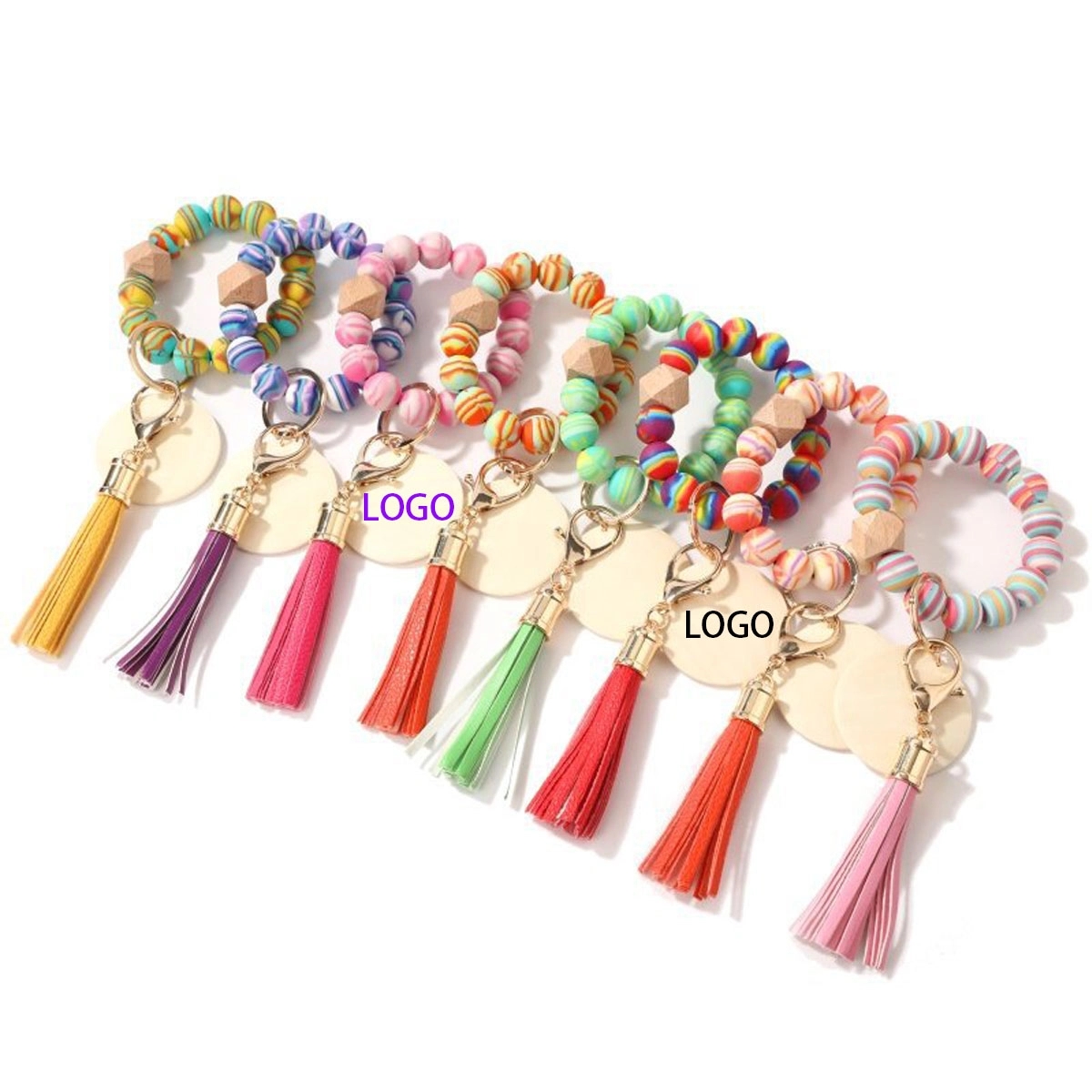 Tie Dye Rubber Bead Wood Bead Bracelet Keychain 3